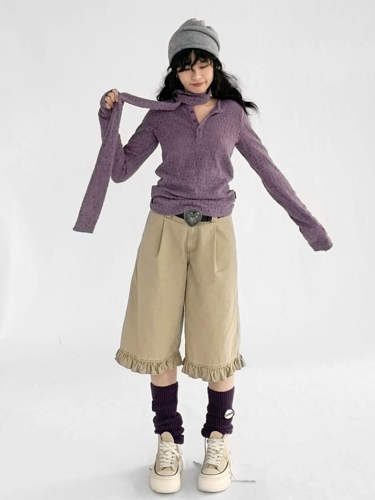 innomoood Furry Lace Thermal Long Sleeve Top With Scarf