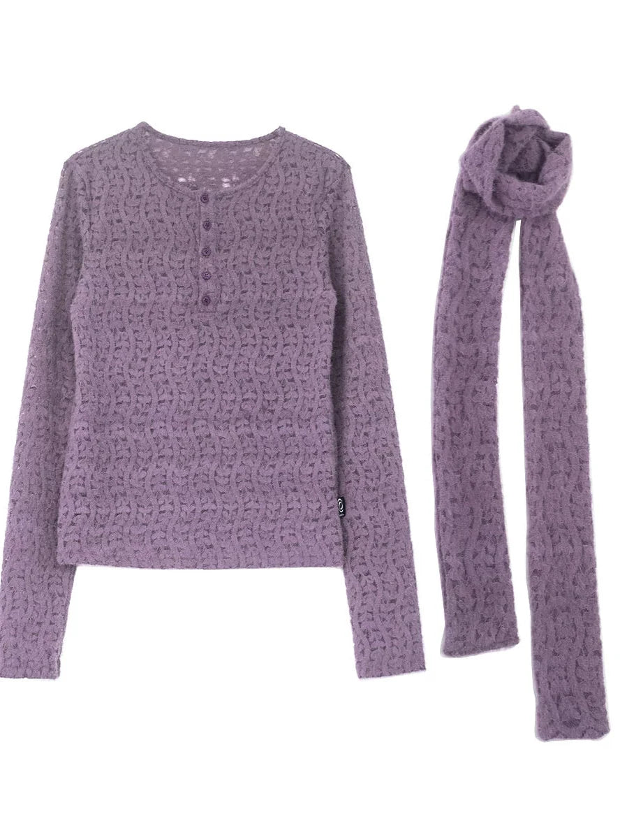 Furry Lace Thermal Long Sleeve Top With Scarf