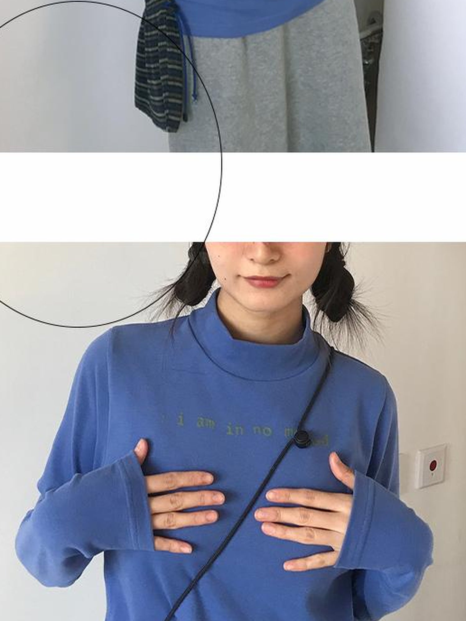 innomoood Fuzzy Print High Neck Cotton Long Sleeve Tee