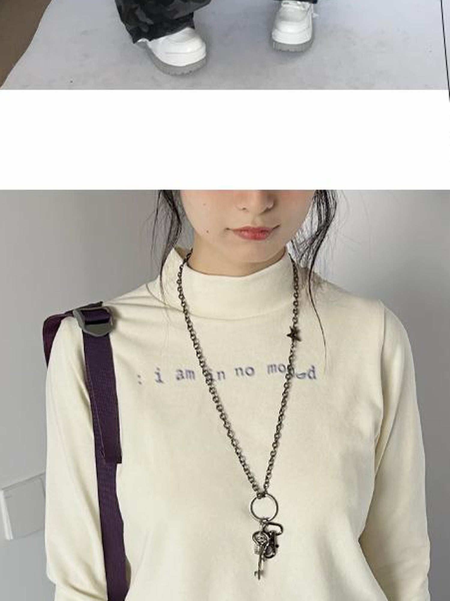 innomoood Fuzzy Print High Neck Cotton Long Sleeve Tee