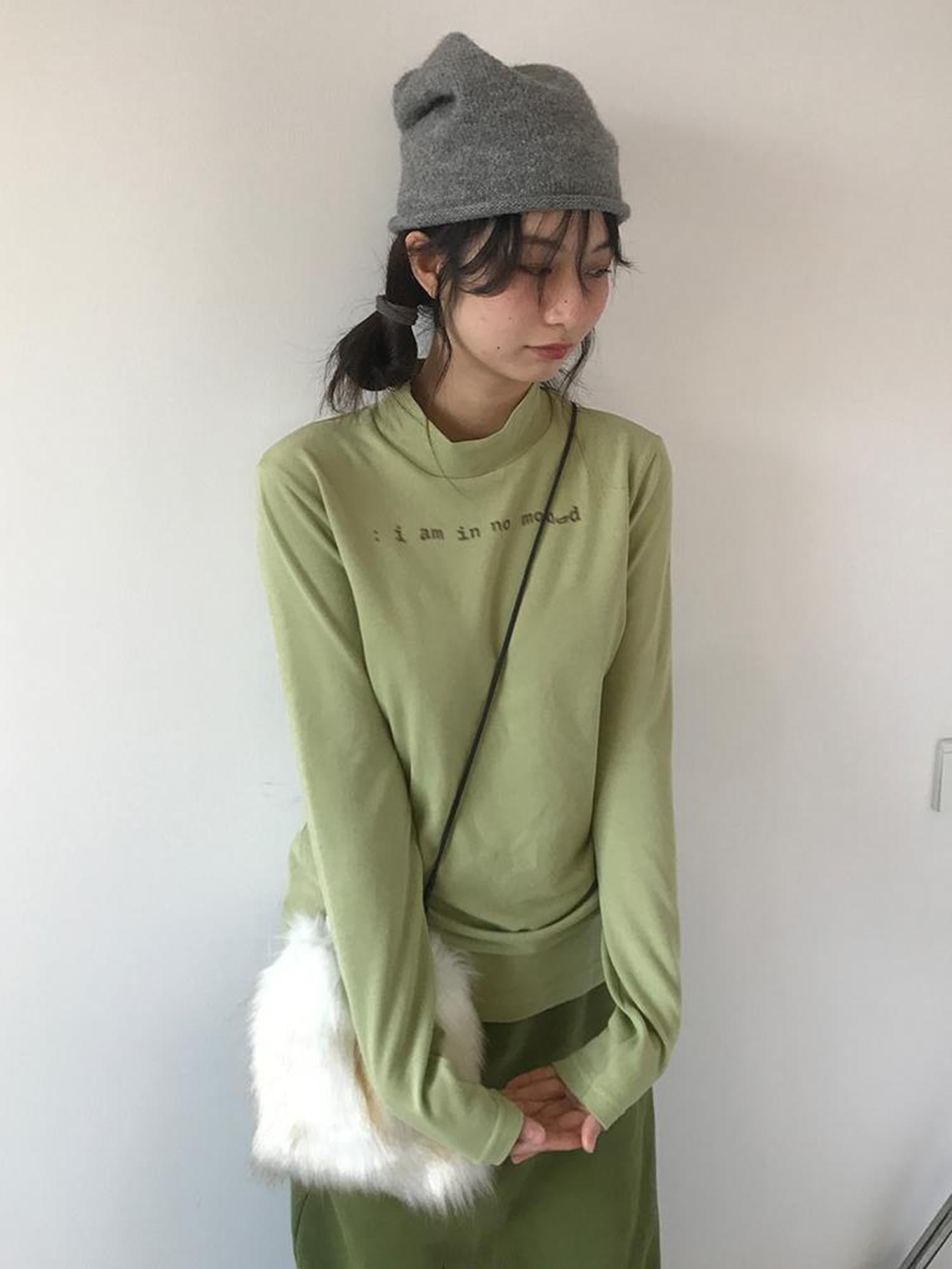 innomoood Fuzzy Print High Neck Cotton Long Sleeve Tee