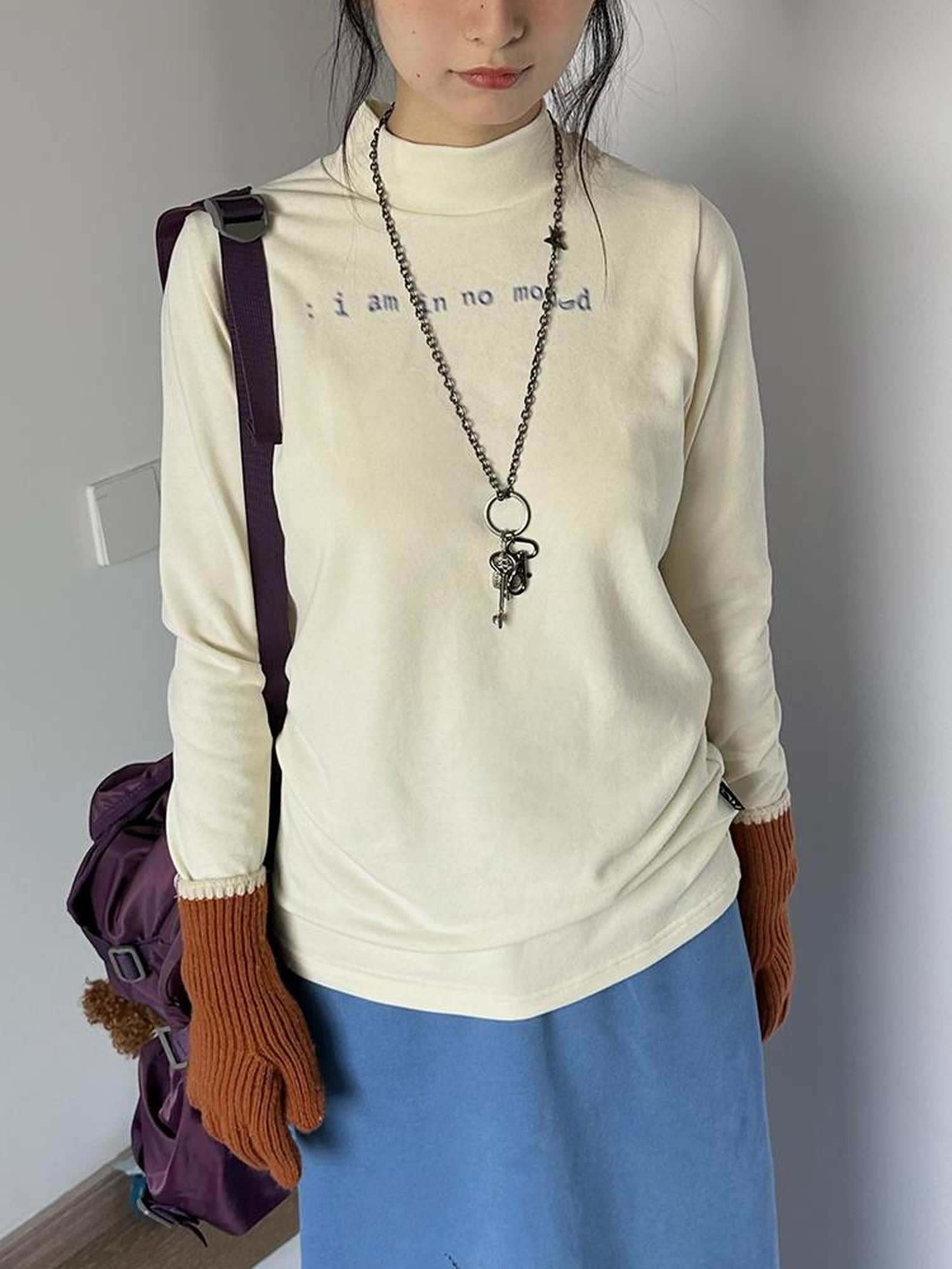 innomoood Fuzzy Print High Neck Cotton Long Sleeve Tee