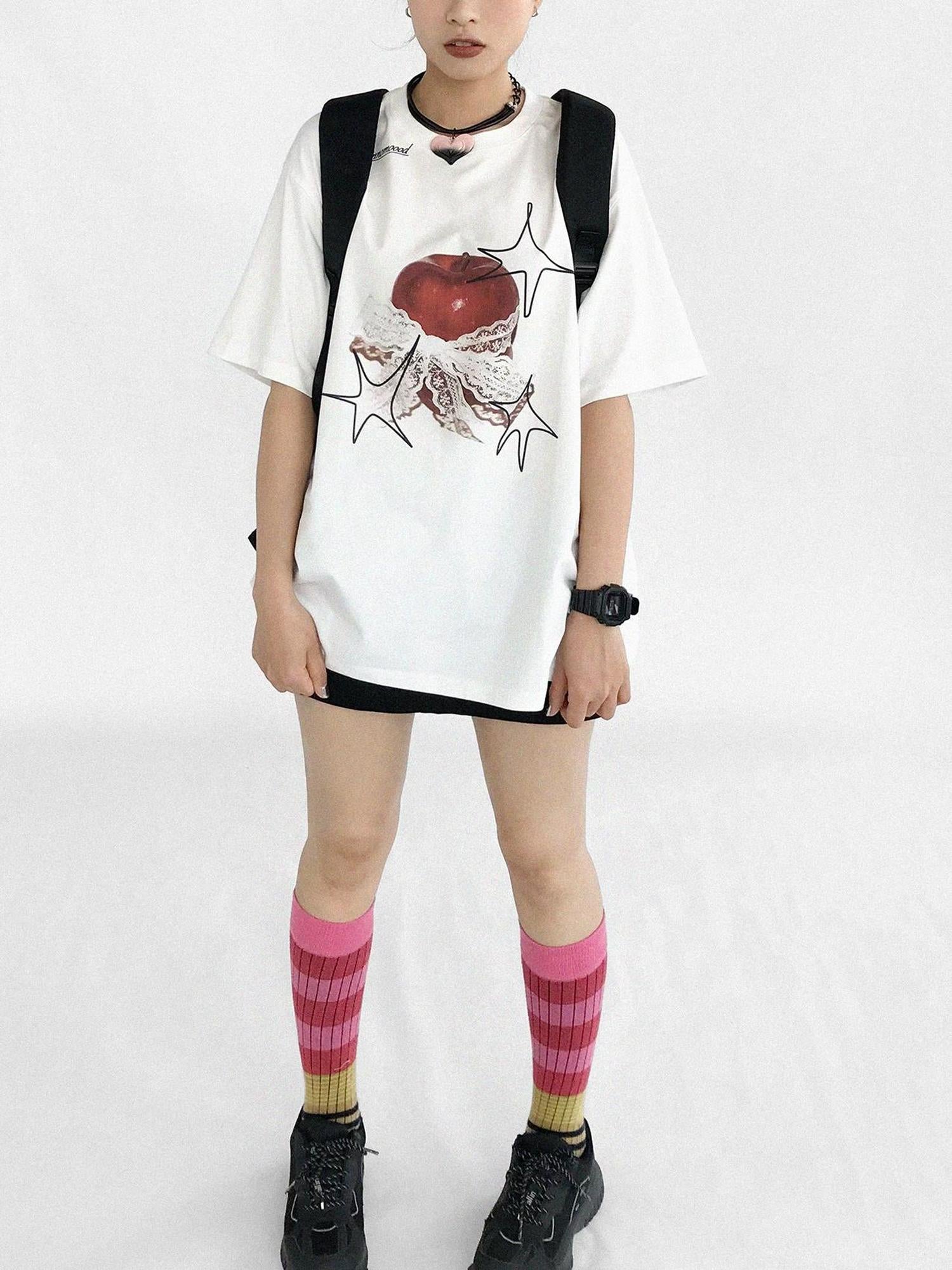 innomoood Galaxy Apple Lace Print Tee V-neck T-shirt Long Sleeve