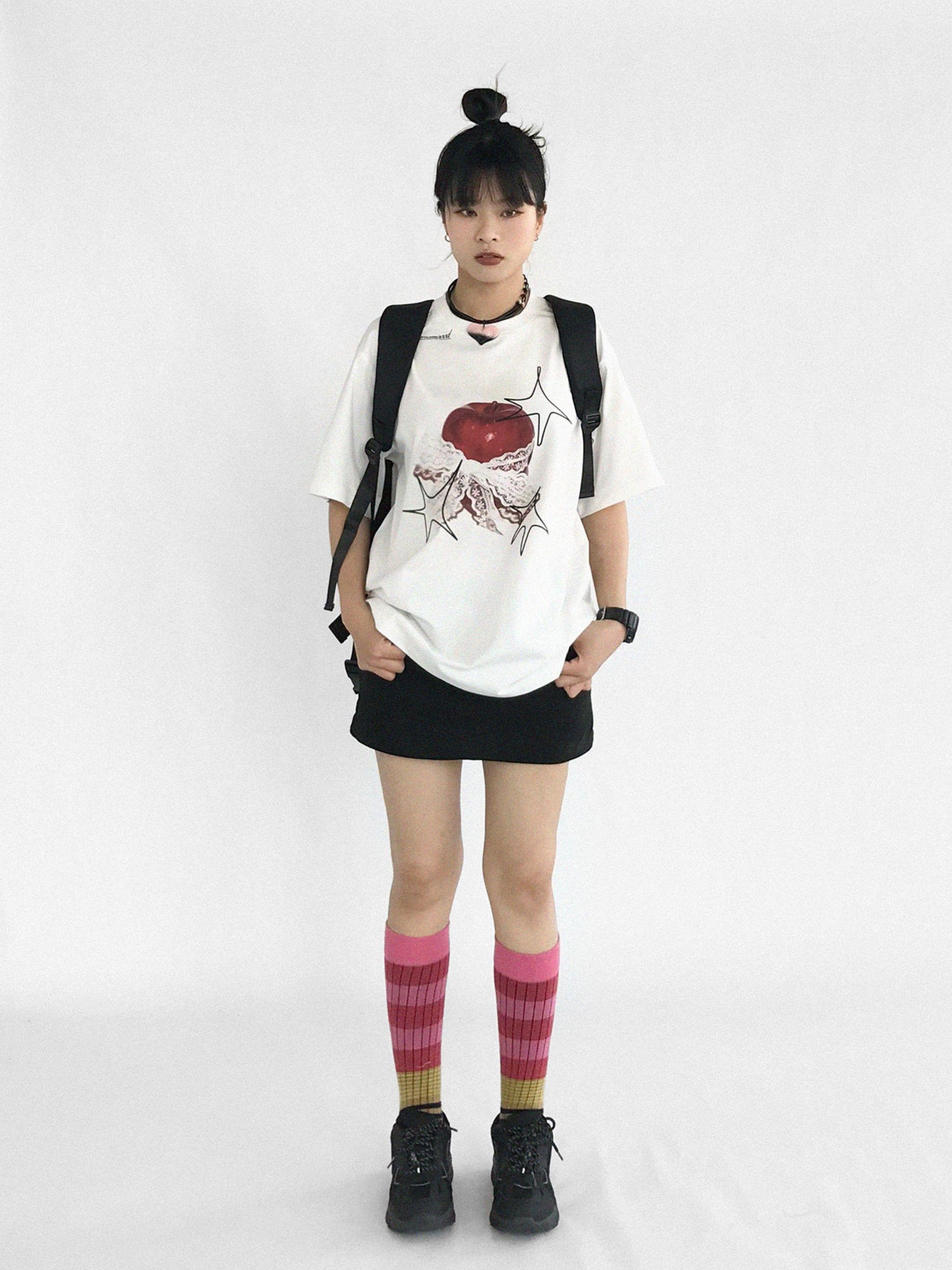 innomoood Galaxy Apple Lace Print Tee V-neck T-shirt Long Sleeve