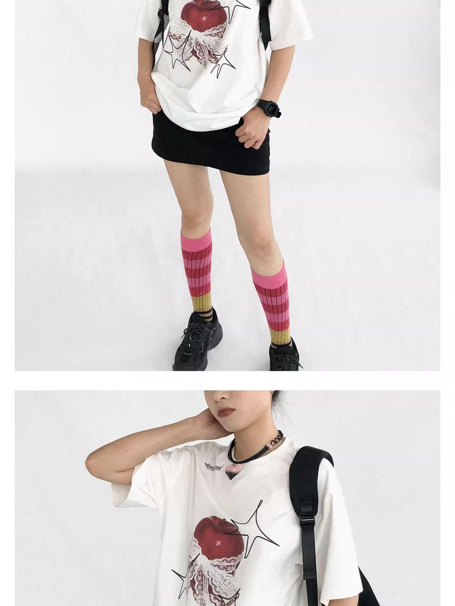 innomoood Galaxy Apple Lace Print Tee V-neck T-shirt Long Sleeve