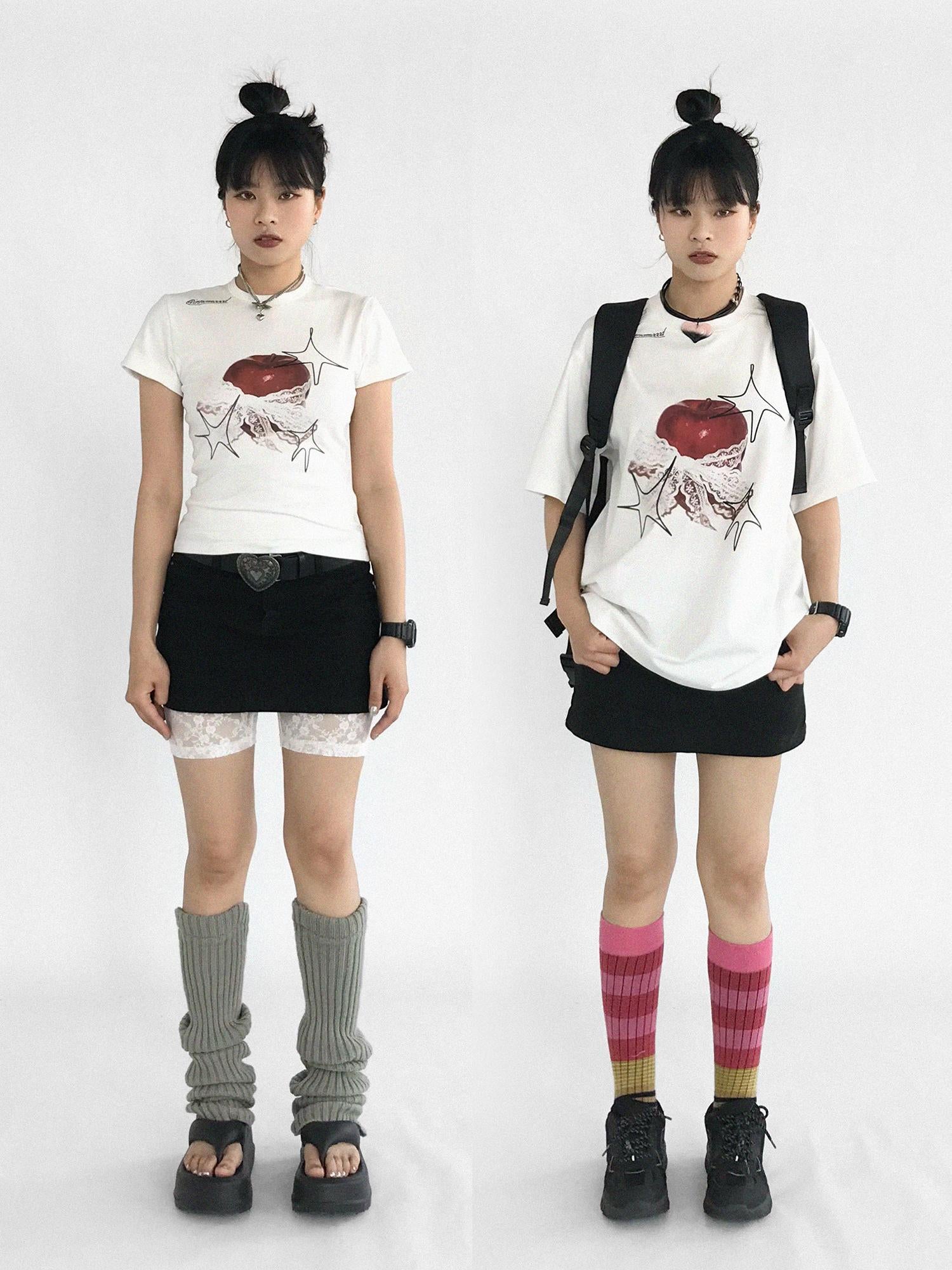 innomoood Galaxy Apple Lace Print Tee V-neck T-shirt Long Sleeve
