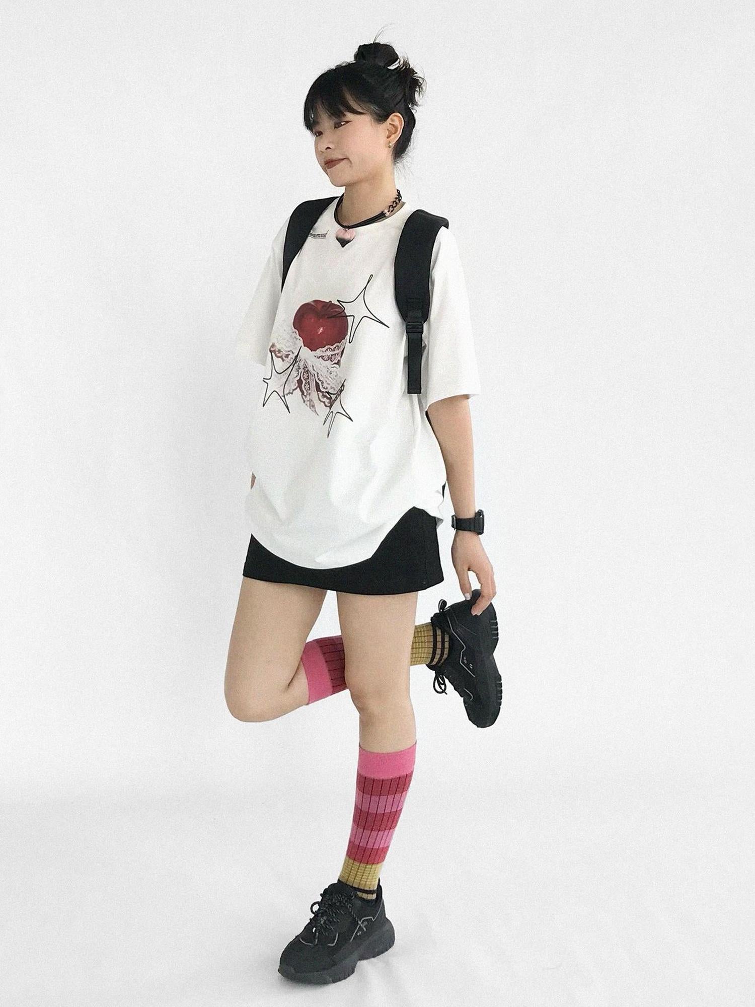 innomoood Galaxy Apple Lace Print Tee V-neck T-shirt Long Sleeve