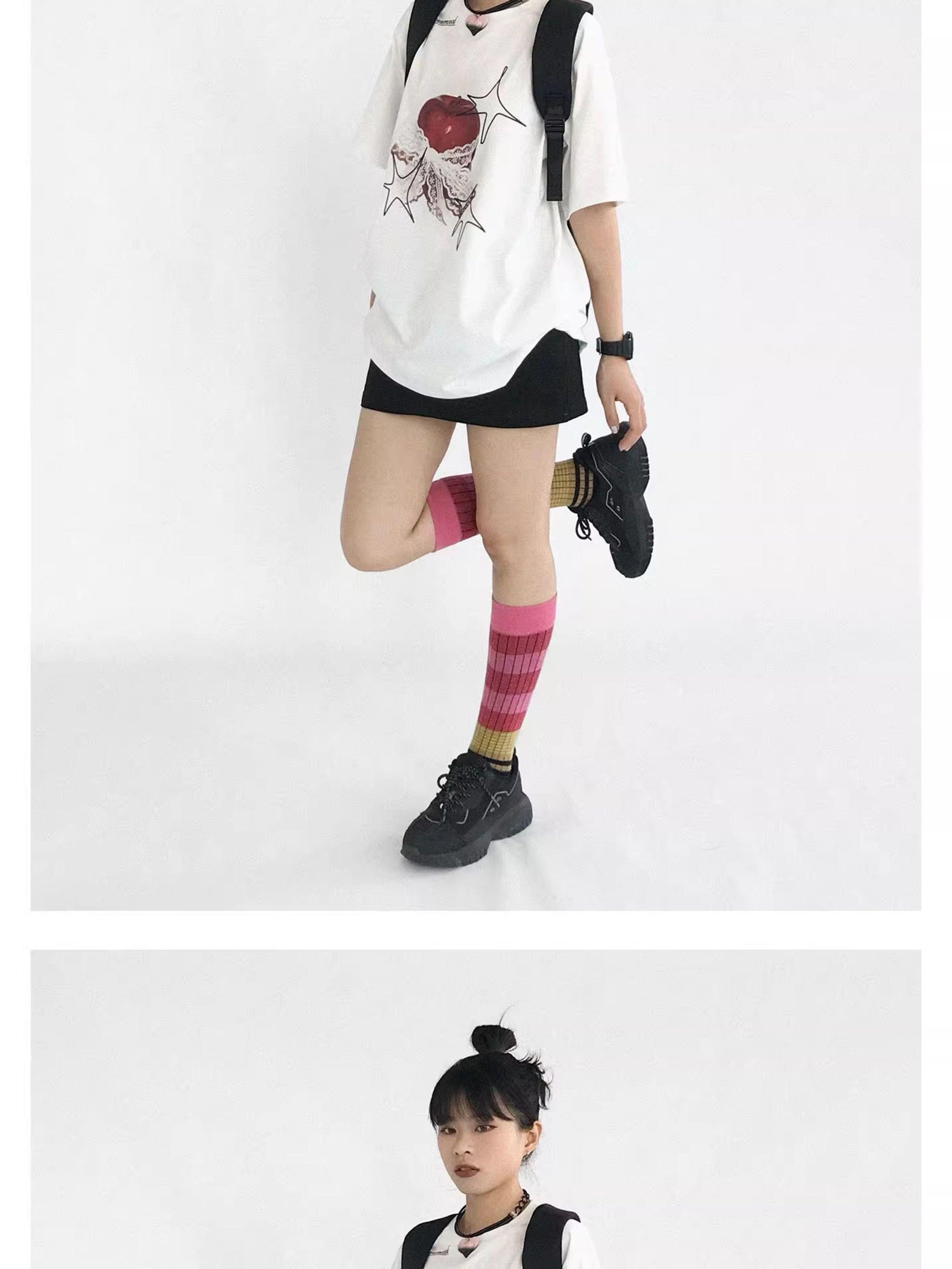innomoood Galaxy Apple Lace Print Tee V-neck T-shirt Long Sleeve