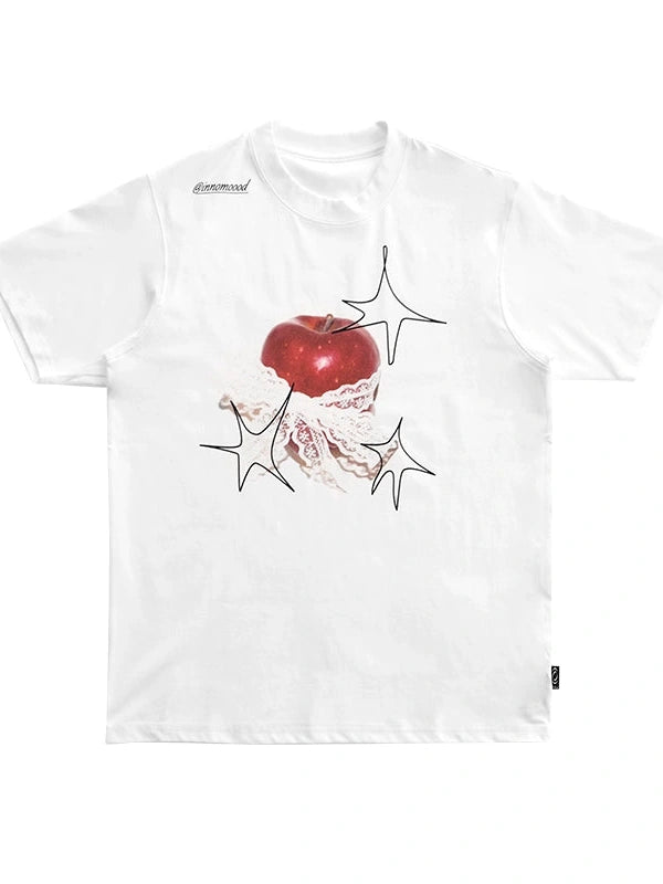 Galaxy Apple Lace Print Tee V-neck T-shirt Long Sleeve