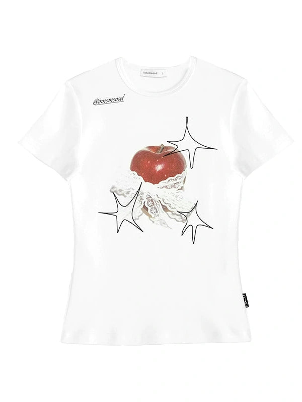 Galaxy Apple Lace Print Tee V-neck T-shirt Long Sleeve