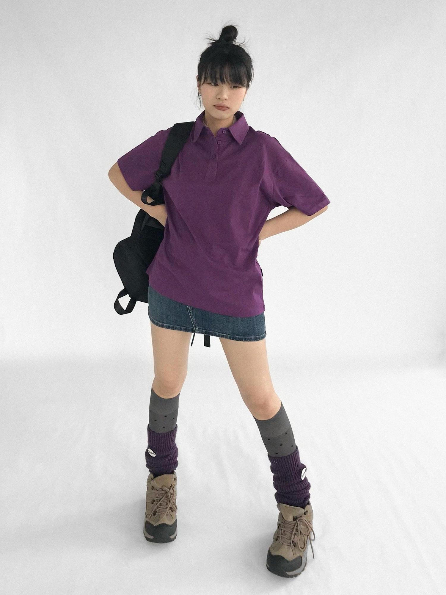 innomoood Geometric Moth Watermark Polo Shirt Grape Purple