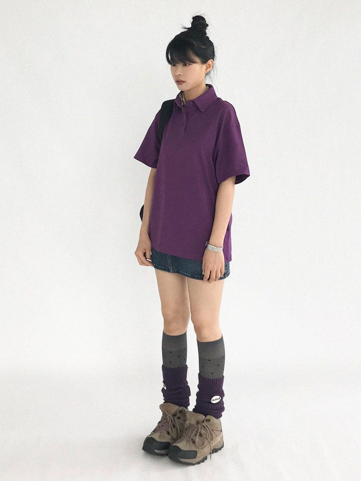 innomoood Geometric Moth Watermark Polo Shirt Grape Purple
