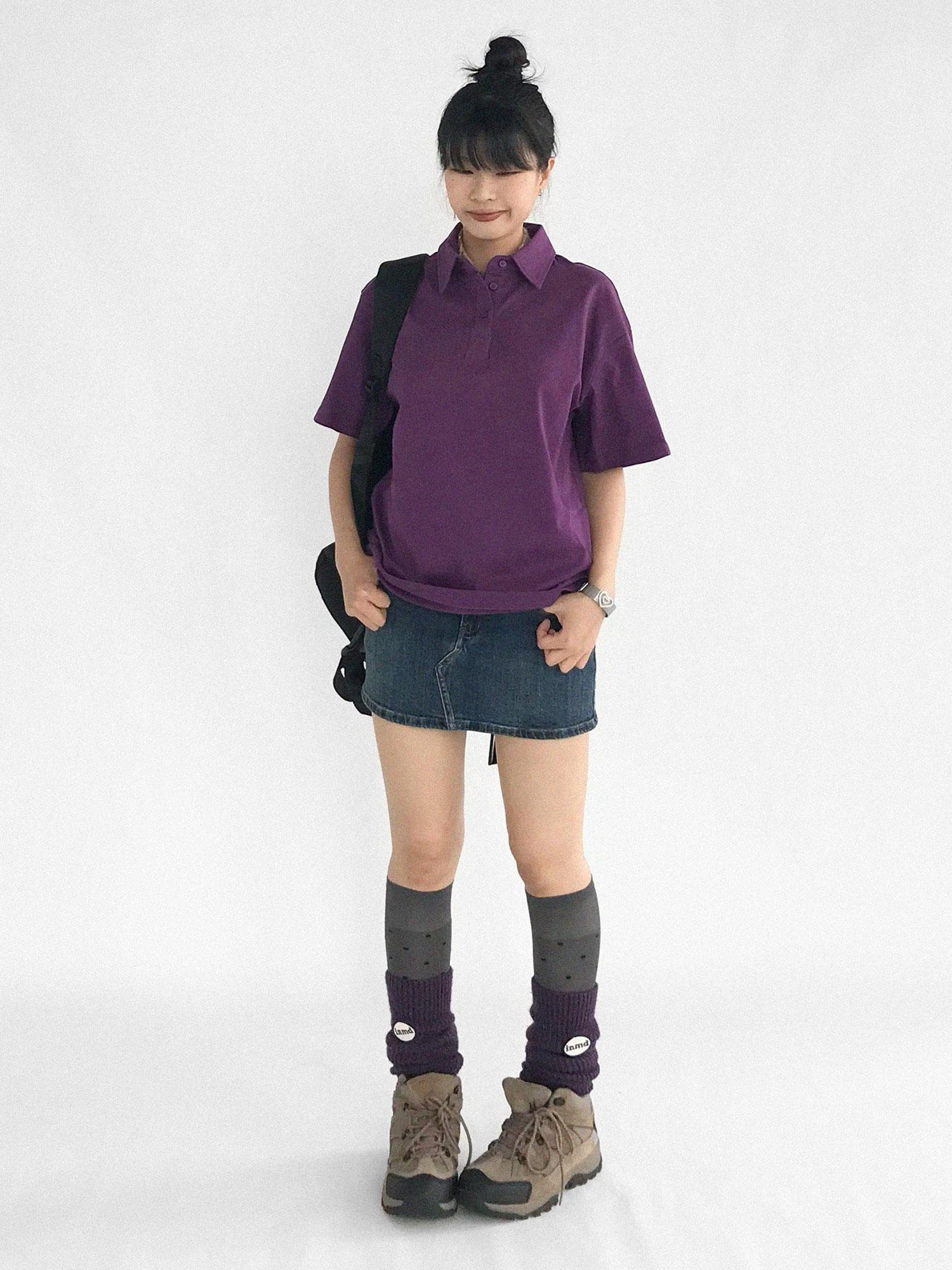 innomoood Geometric Moth Watermark Polo Shirt Grape Purple