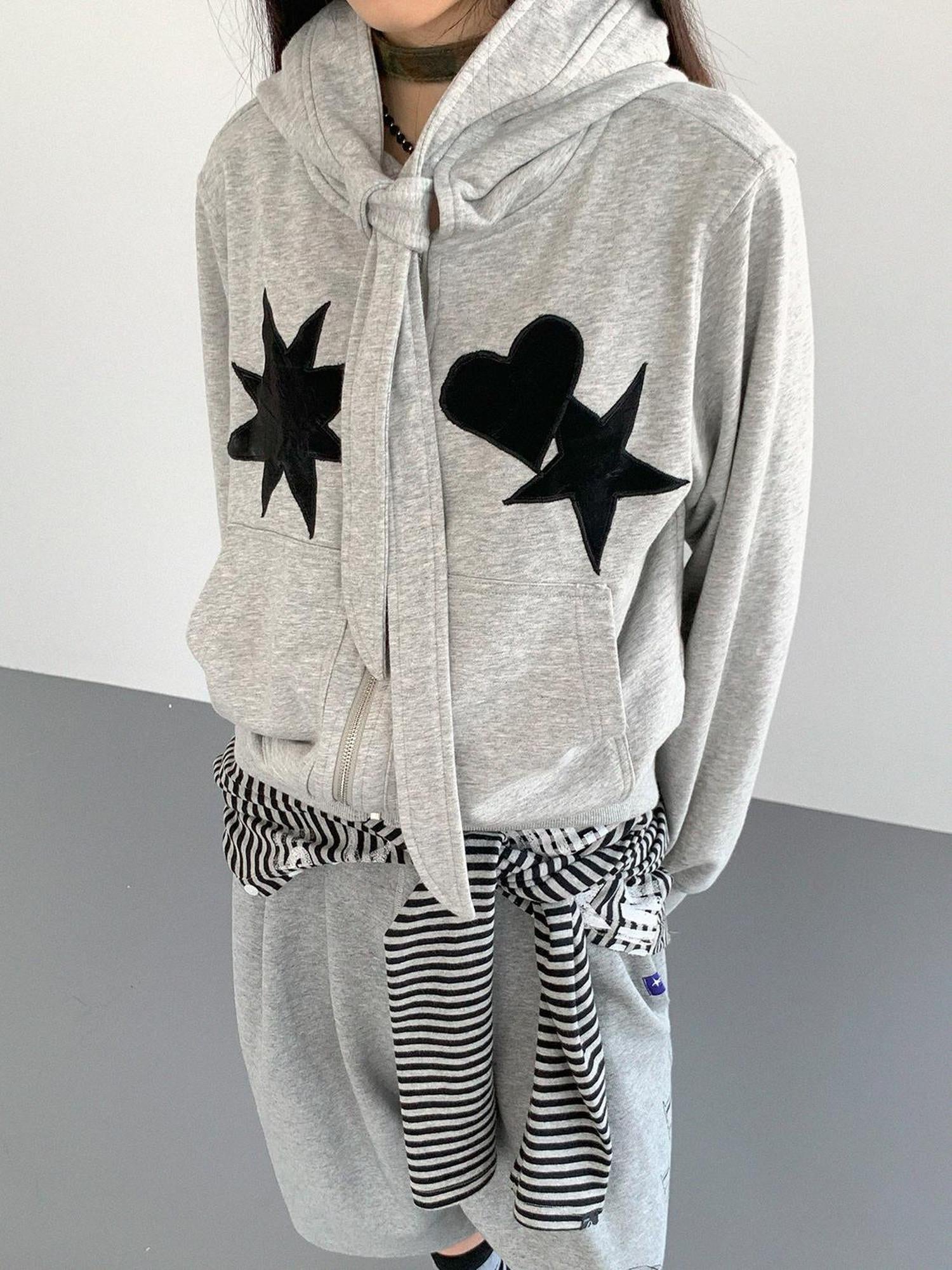 innomoood Geometric Patchwork Hooded Knit Sweatshirt