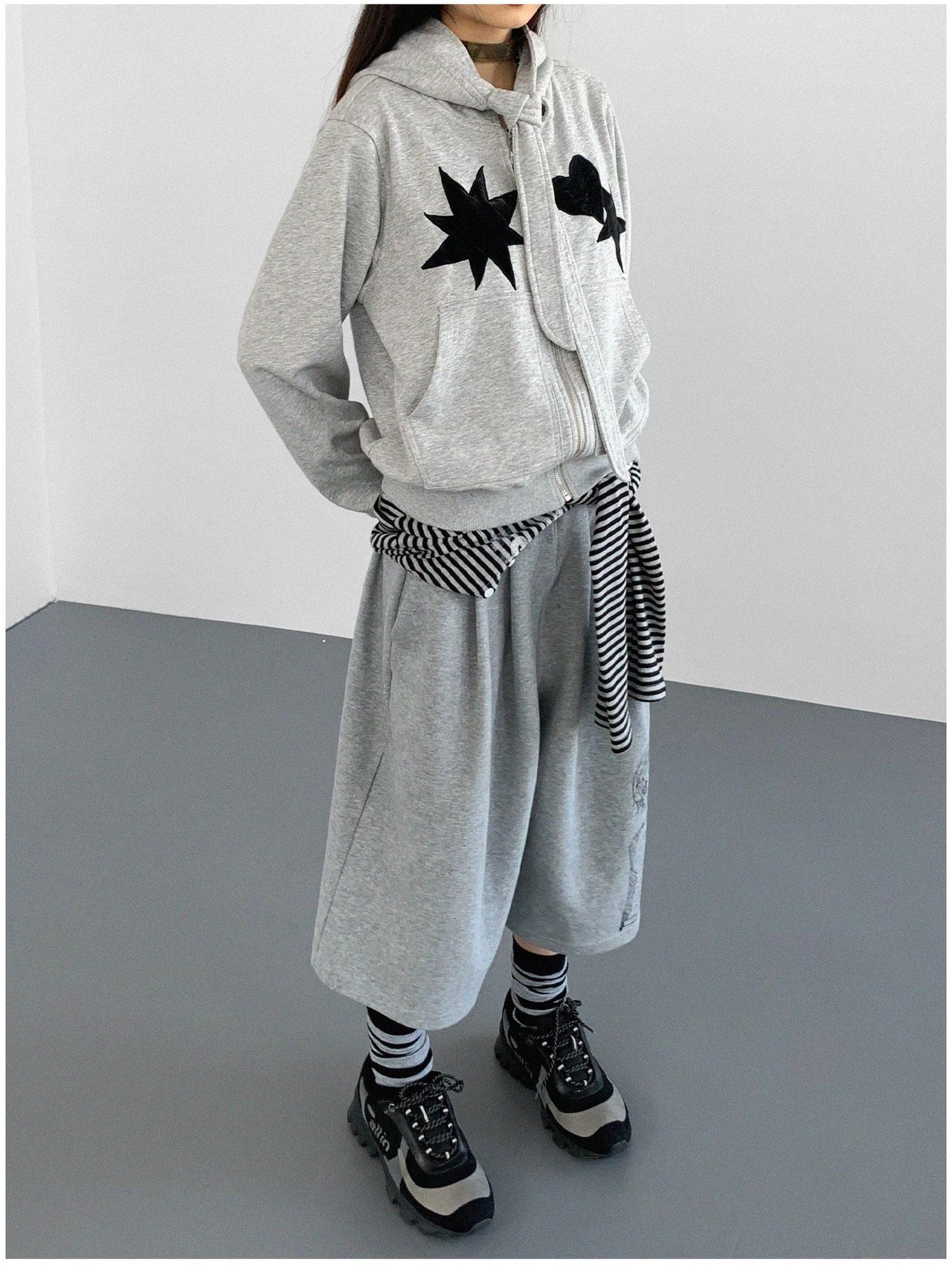 innomoood Geometric Patchwork Hooded Knit Sweatshirt