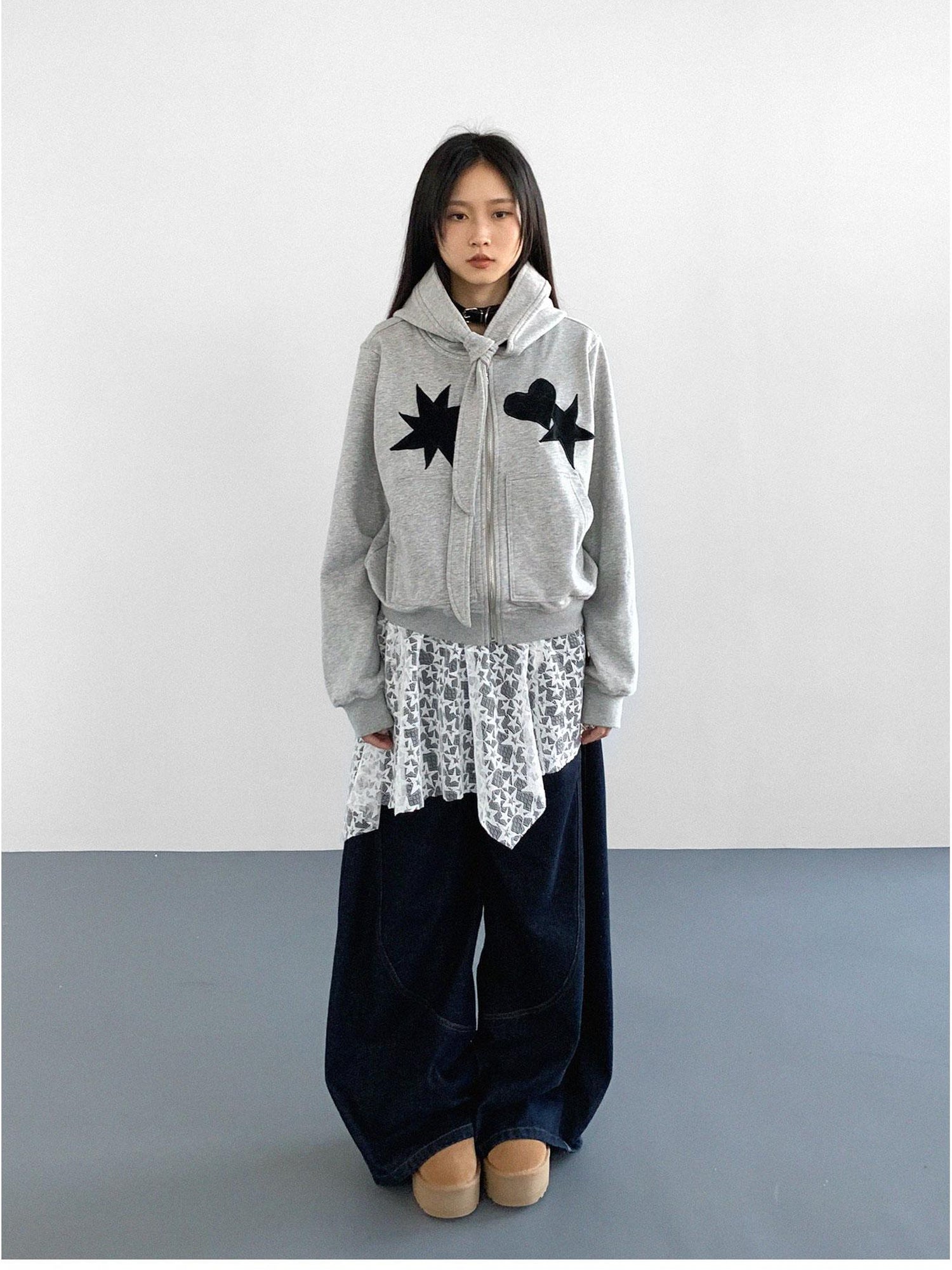innomoood Geometric Patchwork Hooded Knit Sweatshirt