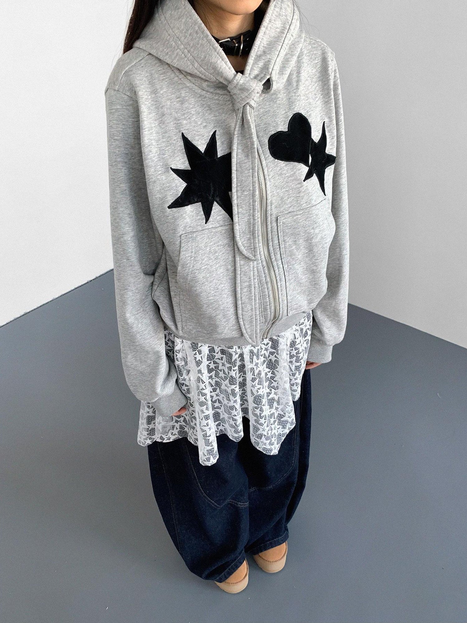 innomoood Geometric Patchwork Hooded Knit Sweatshirt