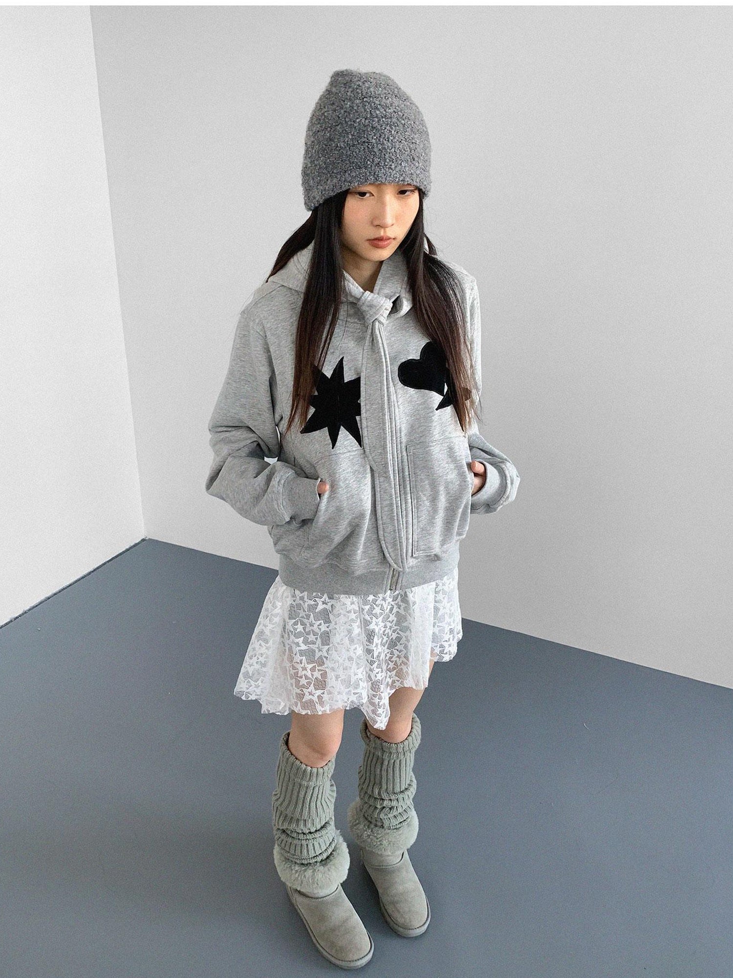 innomoood Geometric Patchwork Hooded Knit Sweatshirt