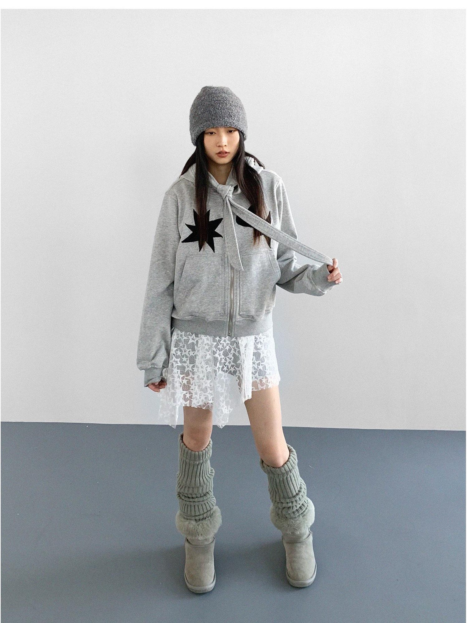 innomoood Geometric Patchwork Hooded Knit Sweatshirt