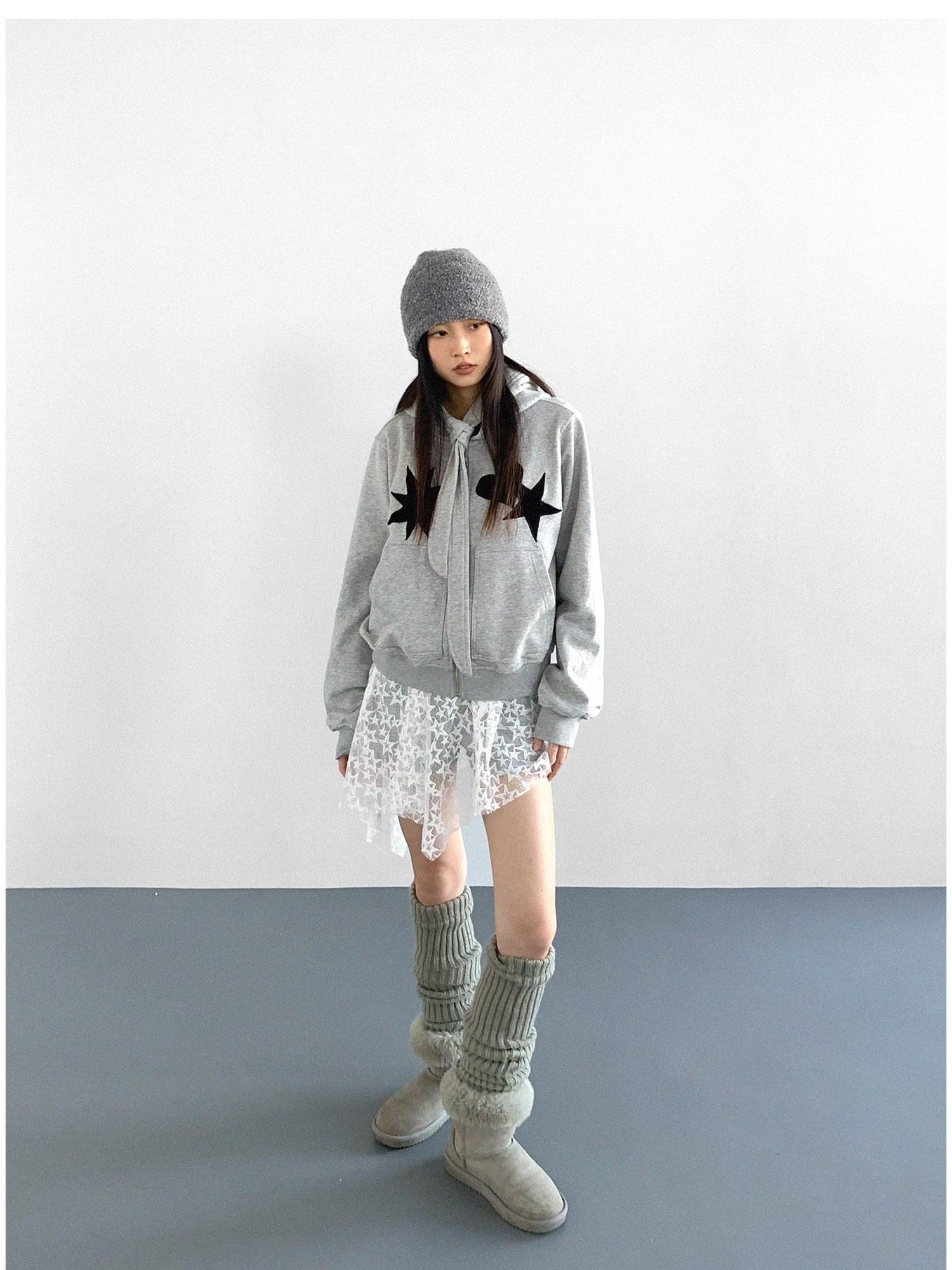 innomoood Geometric Patchwork Hooded Knit Sweatshirt