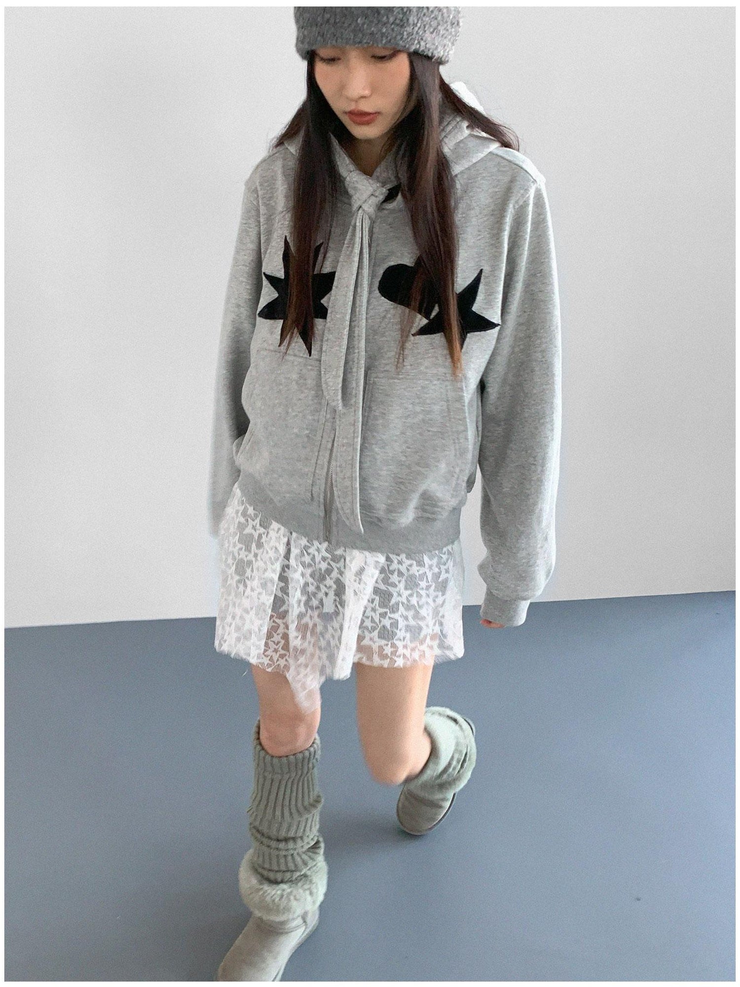innomoood Geometric Patchwork Hooded Knit Sweatshirt