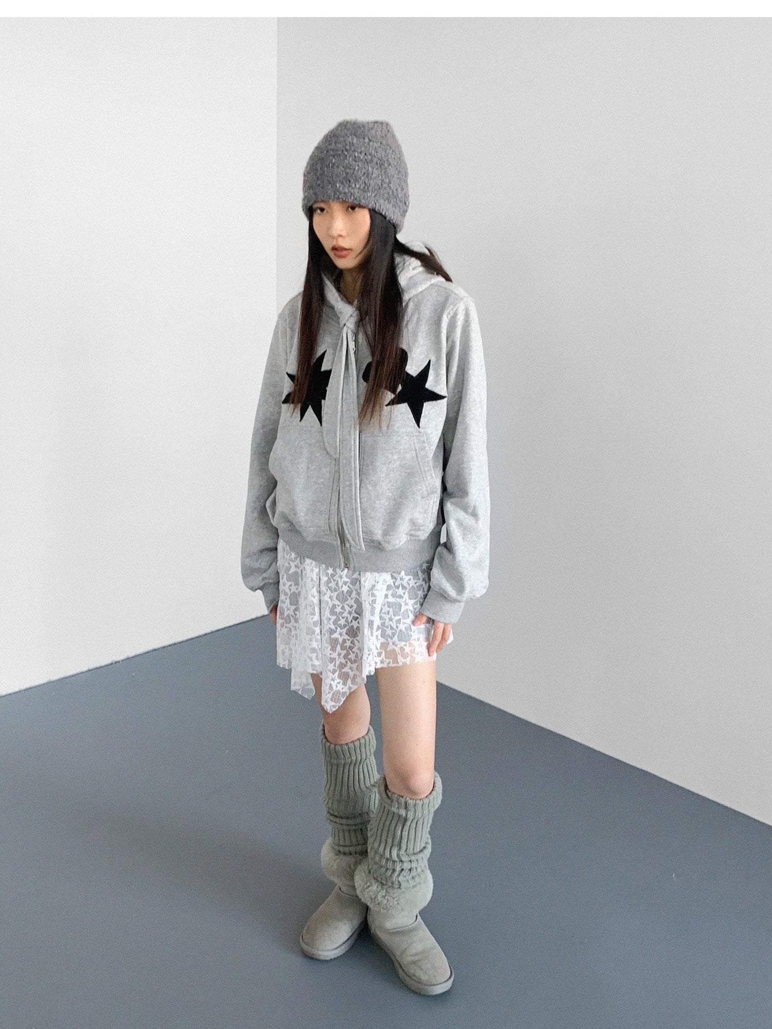 innomoood Geometric Patchwork Hooded Knit Sweatshirt