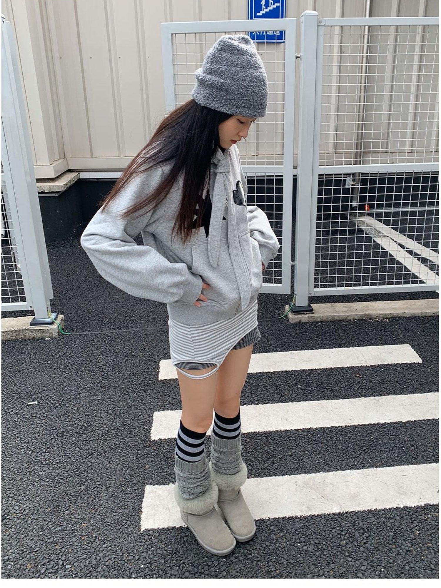 innomoood Geometric Patchwork Hooded Knit Sweatshirt
