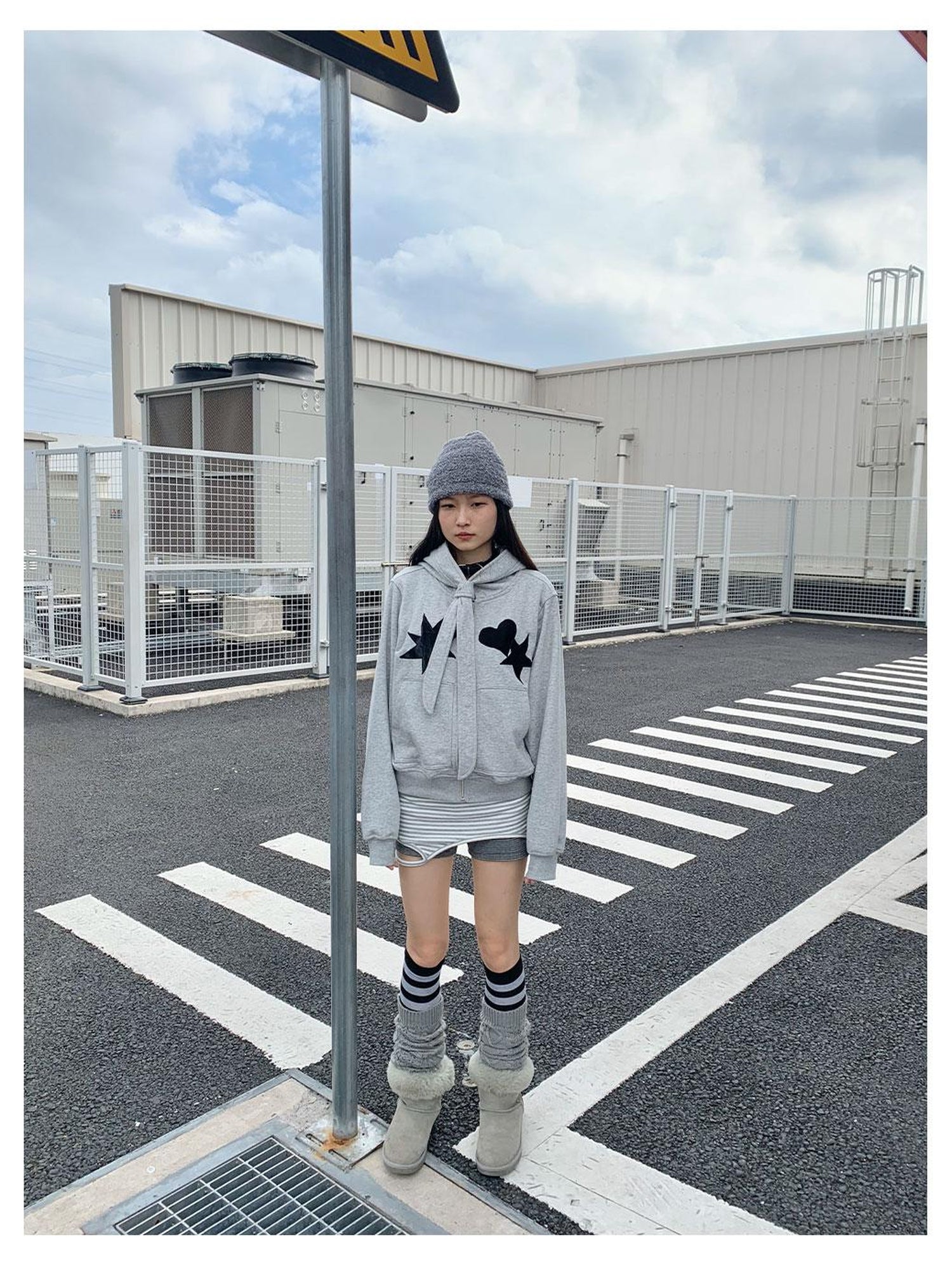innomoood Geometric Patchwork Hooded Knit Sweatshirt