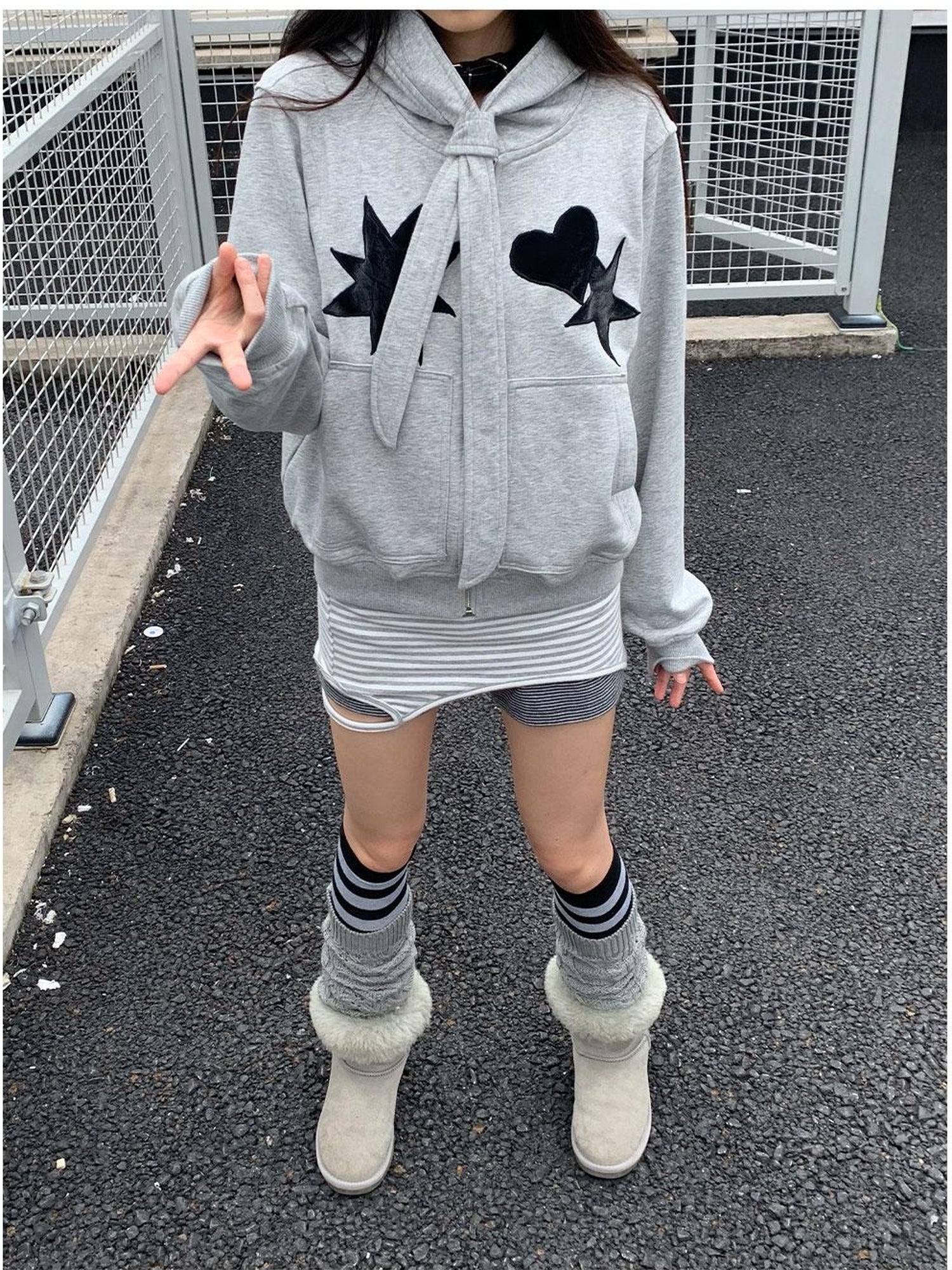 innomoood Geometric Patchwork Hooded Knit Sweatshirt