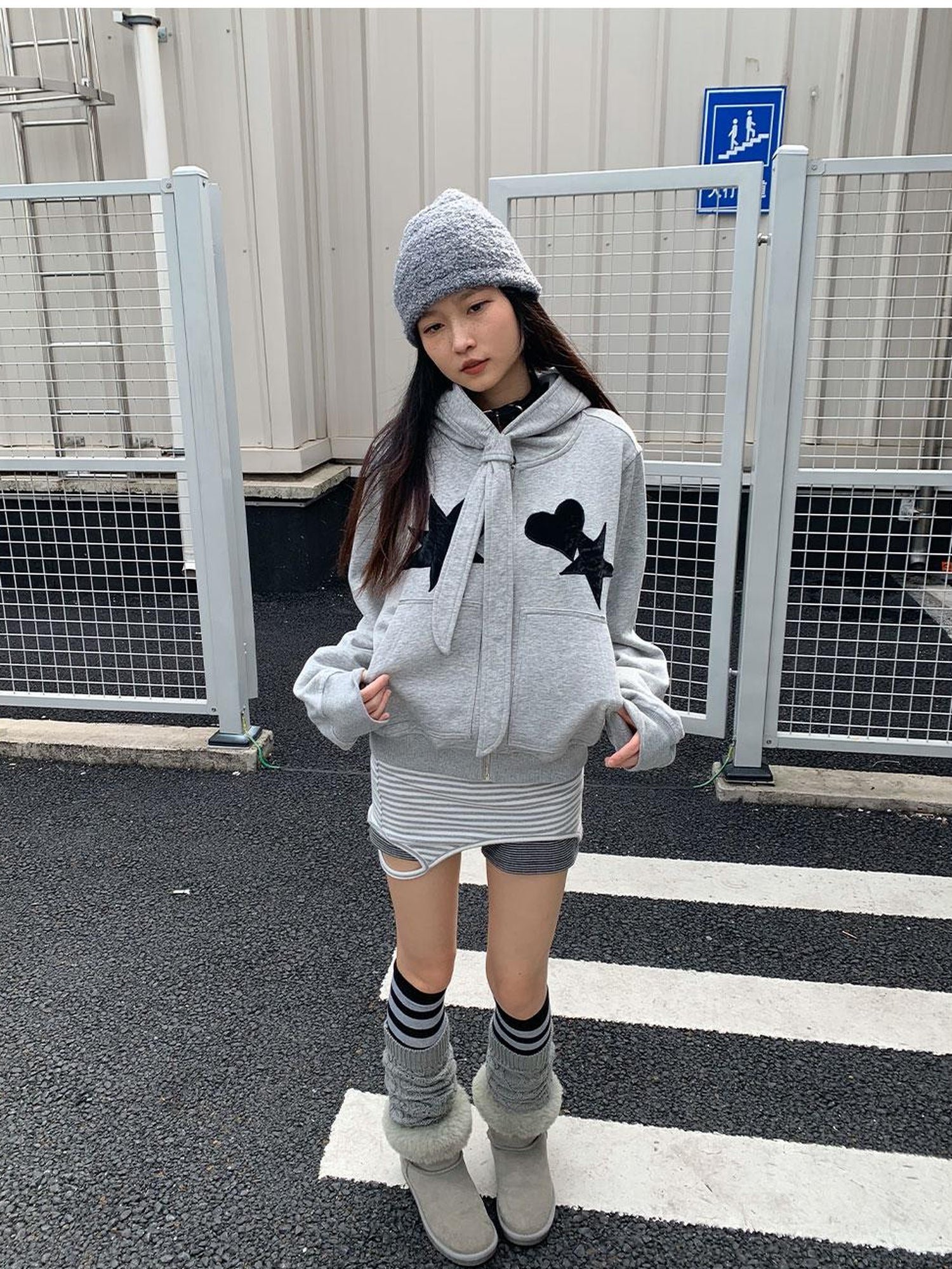 innomoood Geometric Patchwork Hooded Knit Sweatshirt