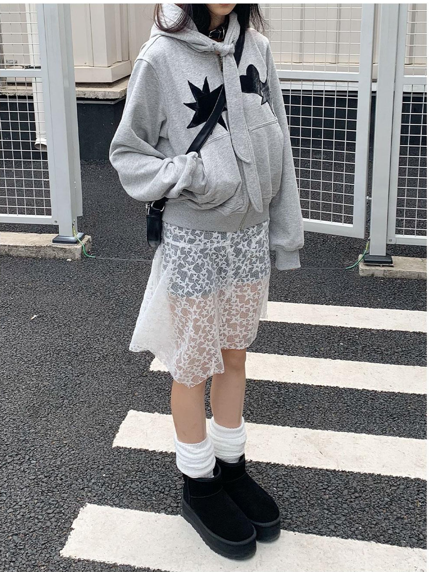 innomoood Geometric Patchwork Hooded Knit Sweatshirt