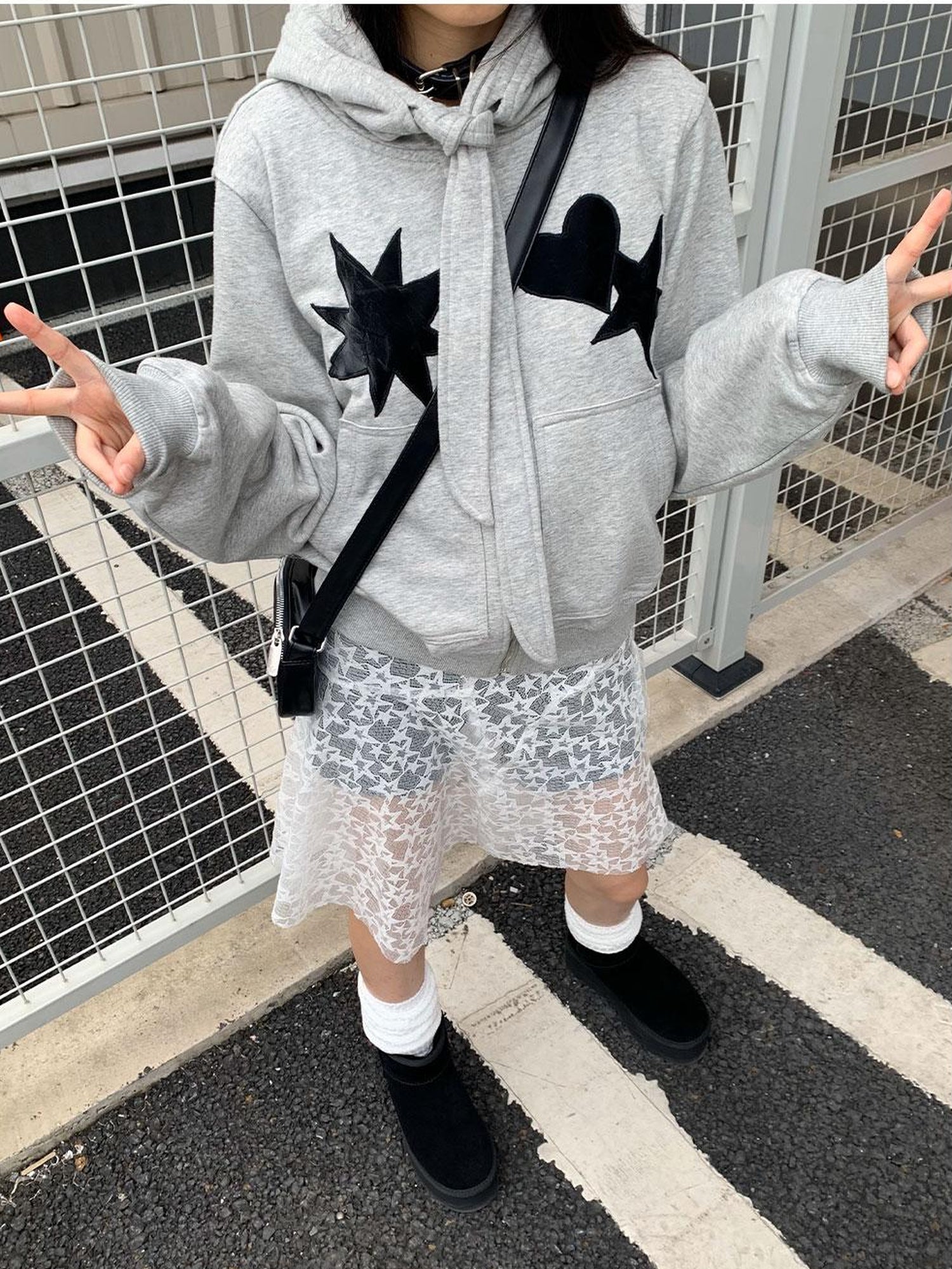 innomoood Geometric Patchwork Hooded Knit Sweatshirt