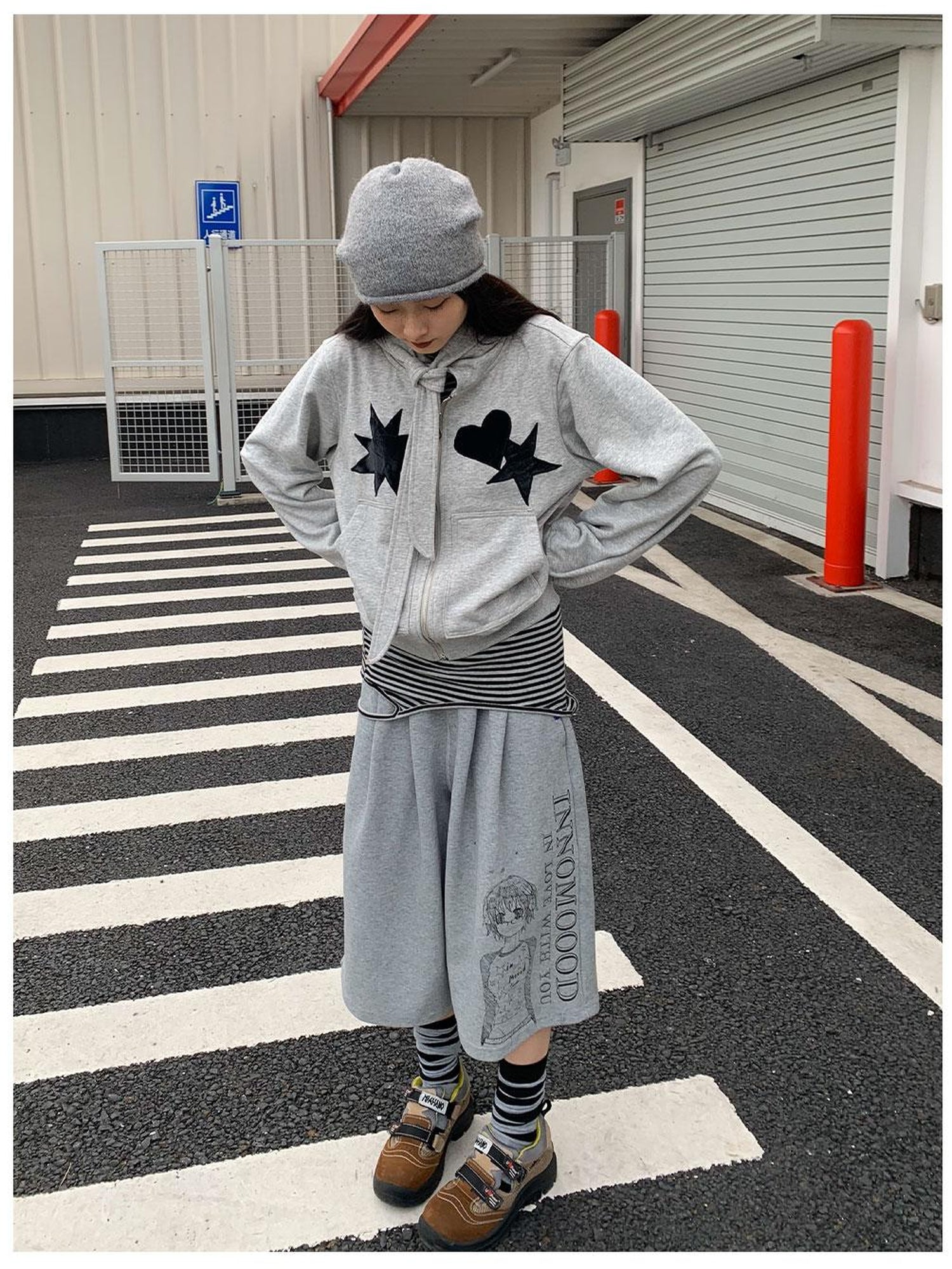 innomoood Geometric Patchwork Hooded Knit Sweatshirt