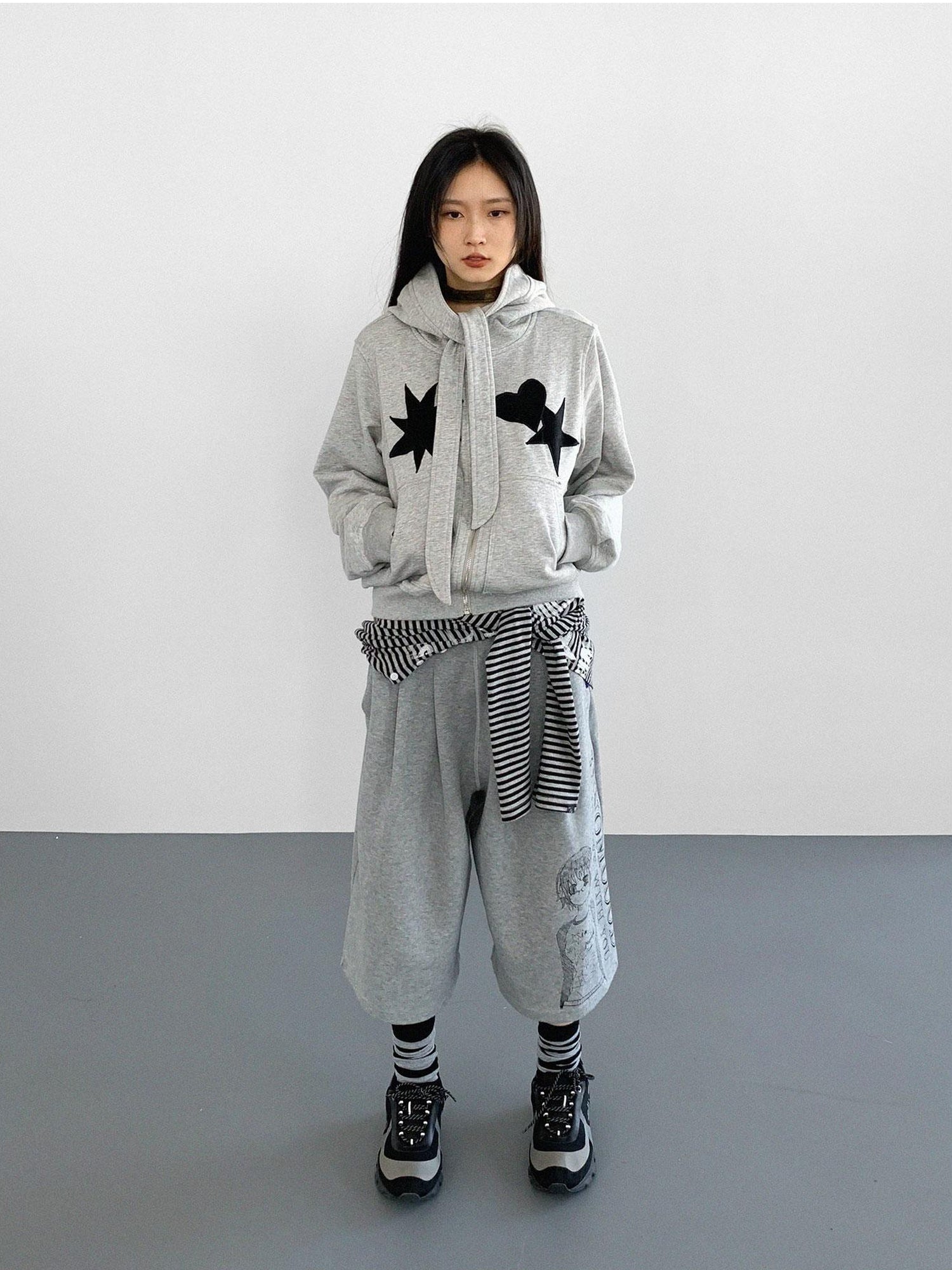 innomoood Geometric Patchwork Hooded Knit Sweatshirt