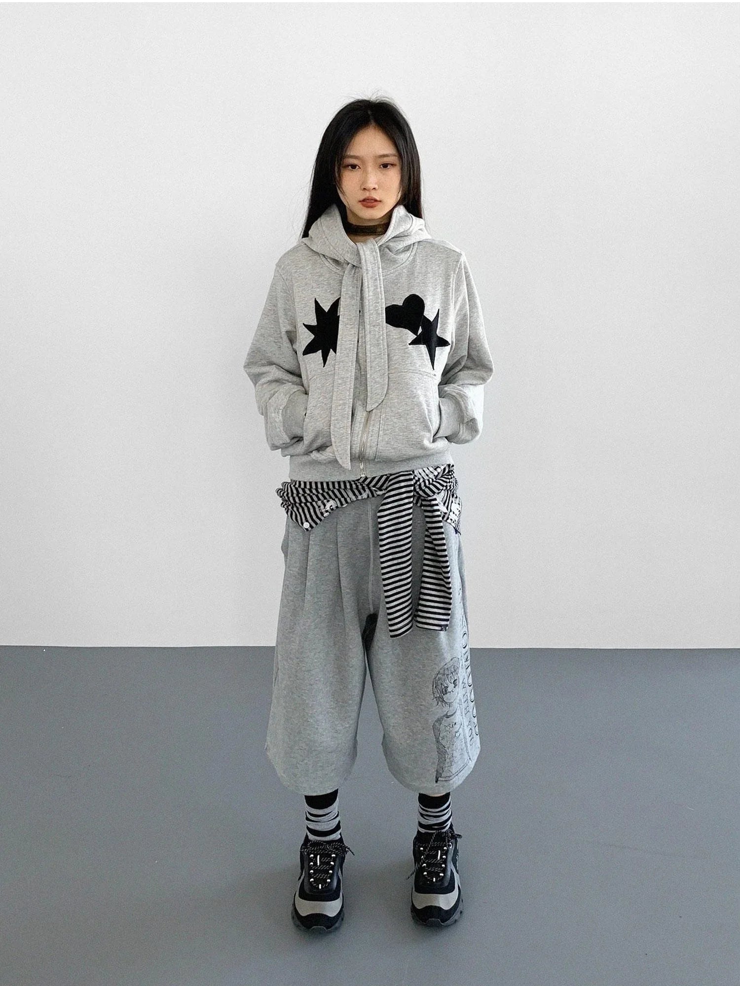 Geometric Patchwork Hooded Knit Sweatshirt