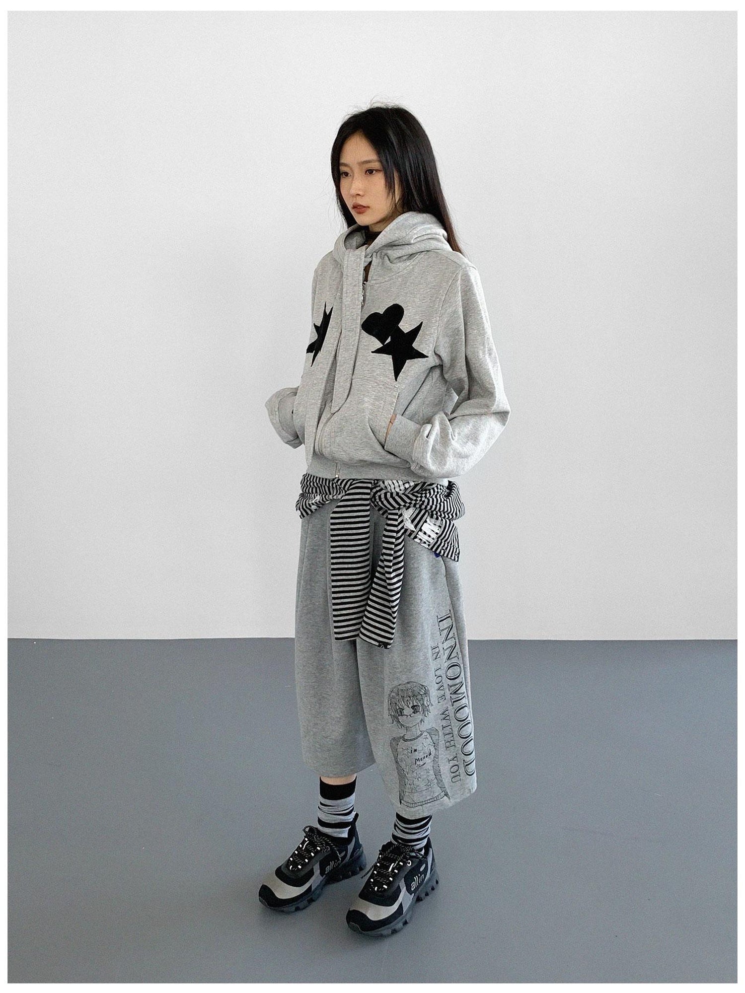innomoood Geometric Patchwork Hooded Knit Sweatshirt