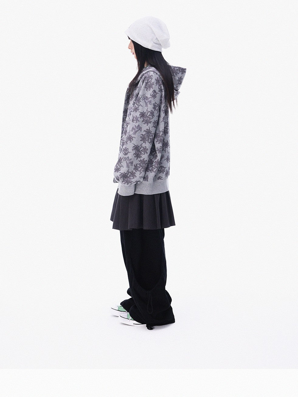innomoood Grey Allover Floral Waffle Zip Front Loose Women&