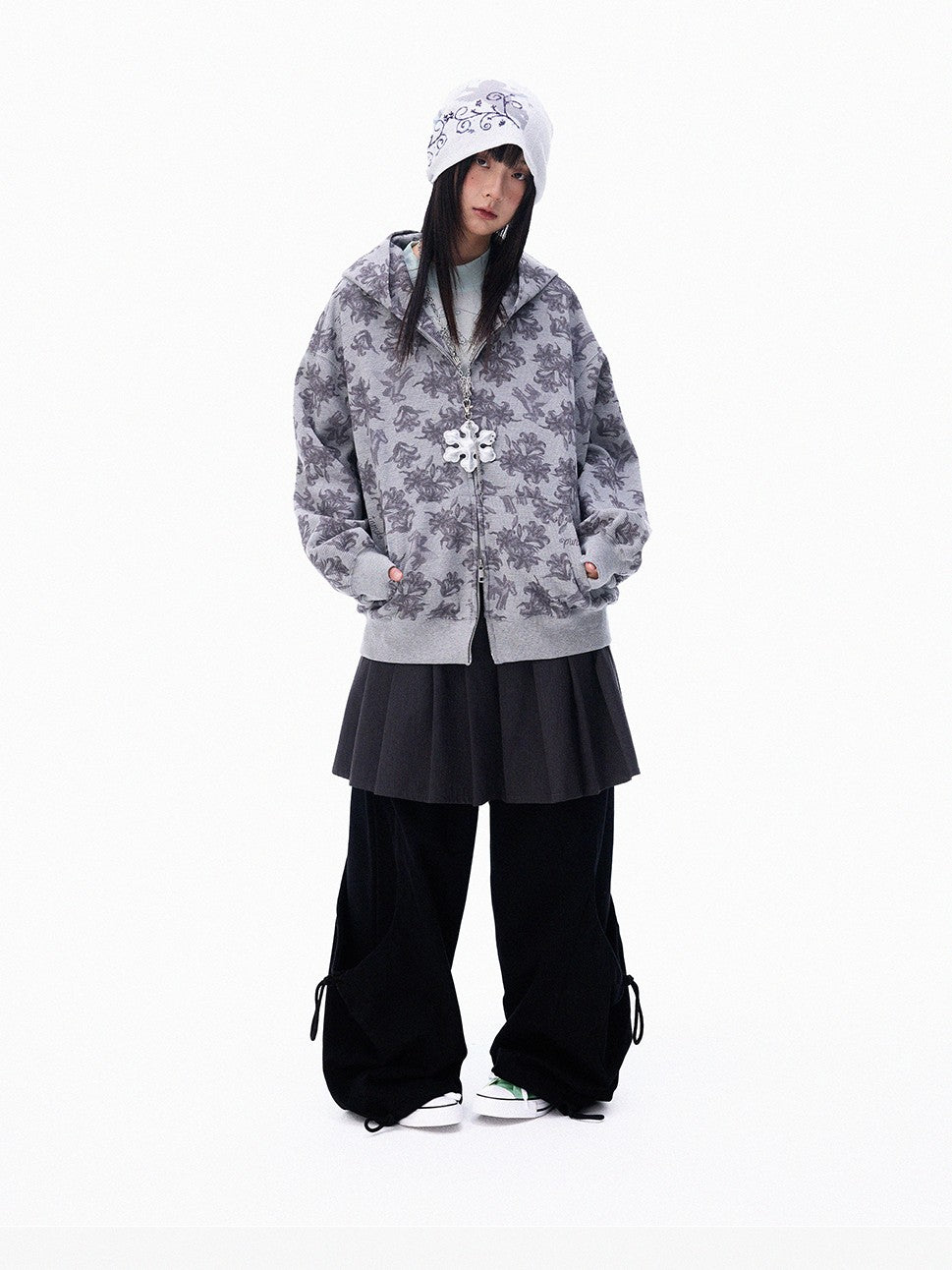 innomoood Grey Allover Floral Waffle Zip Front Loose Women&