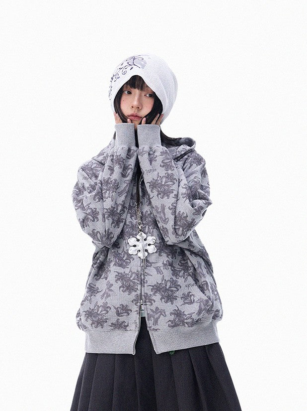 innomoood Grey Allover Floral Waffle Zip Front Loose Women&