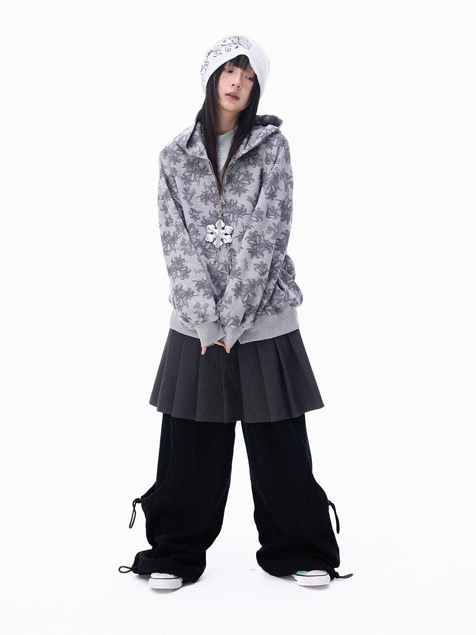 innomoood Grey Allover Floral Waffle Zip Front Loose Women&