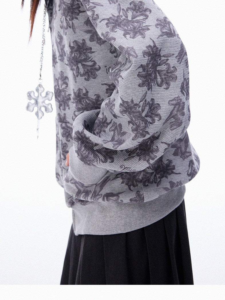 innomoood Grey Allover Floral Waffle Zip Front Loose Women&