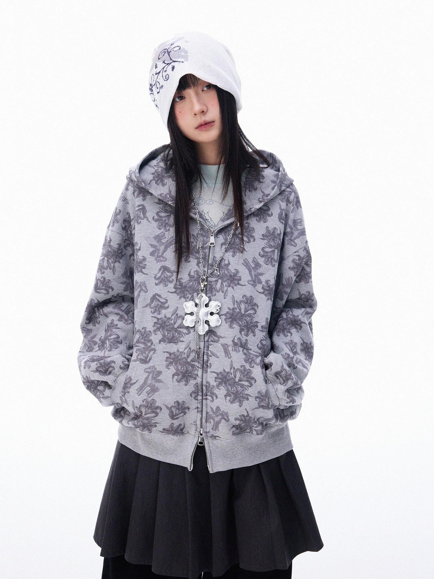 innomoood Grey Allover Floral Waffle Zip Front Loose Women&