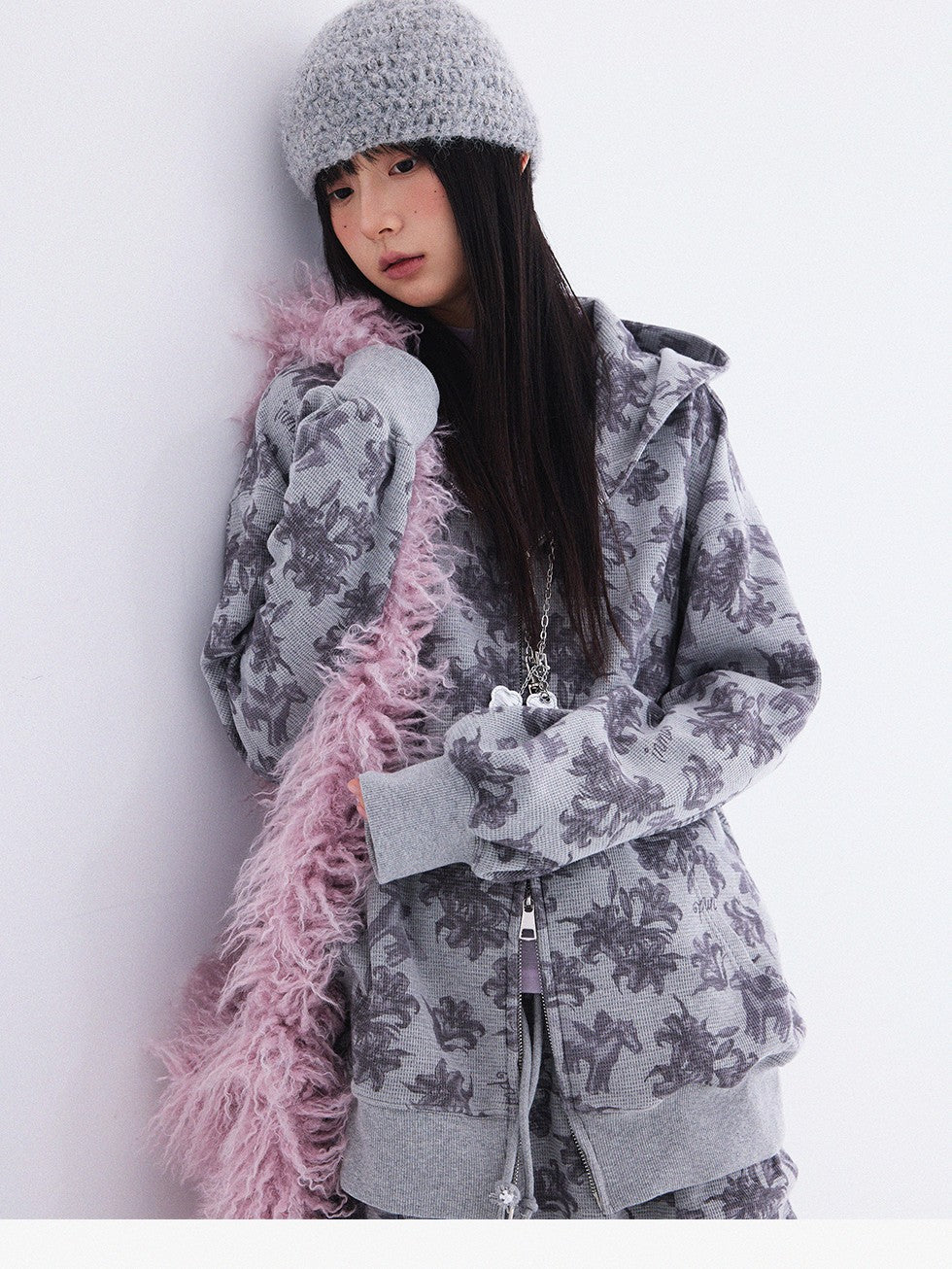 innomoood Grey Allover Floral Waffle Zip Front Loose Women&