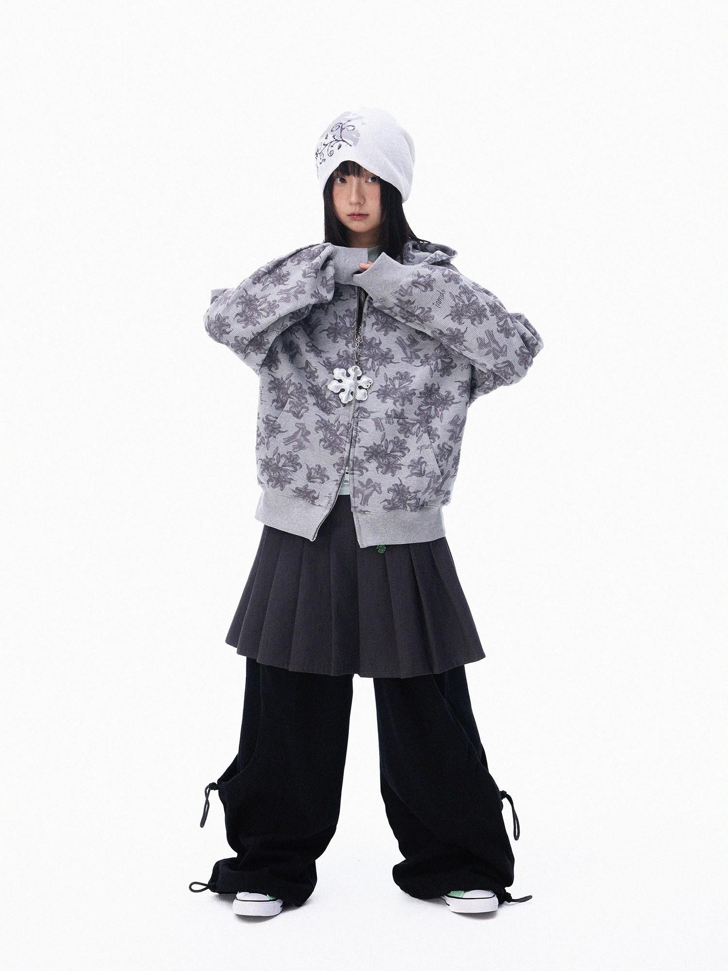 innomoood Grey Allover Floral Waffle Zip Front Loose Women&