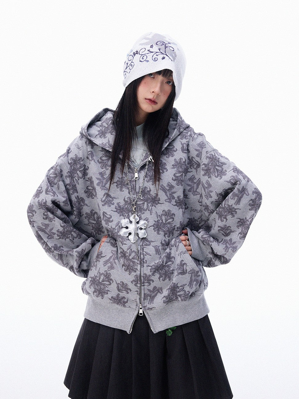 innomoood Grey Allover Floral Waffle Zip Front Loose Women&
