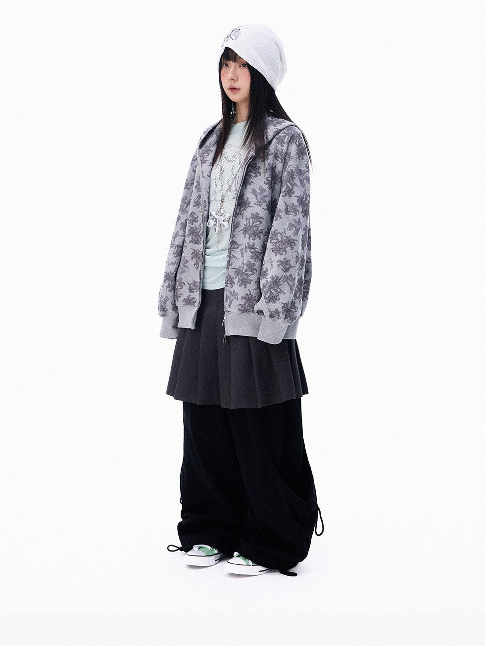 innomoood Grey Allover Floral Waffle Zip Front Loose Women&