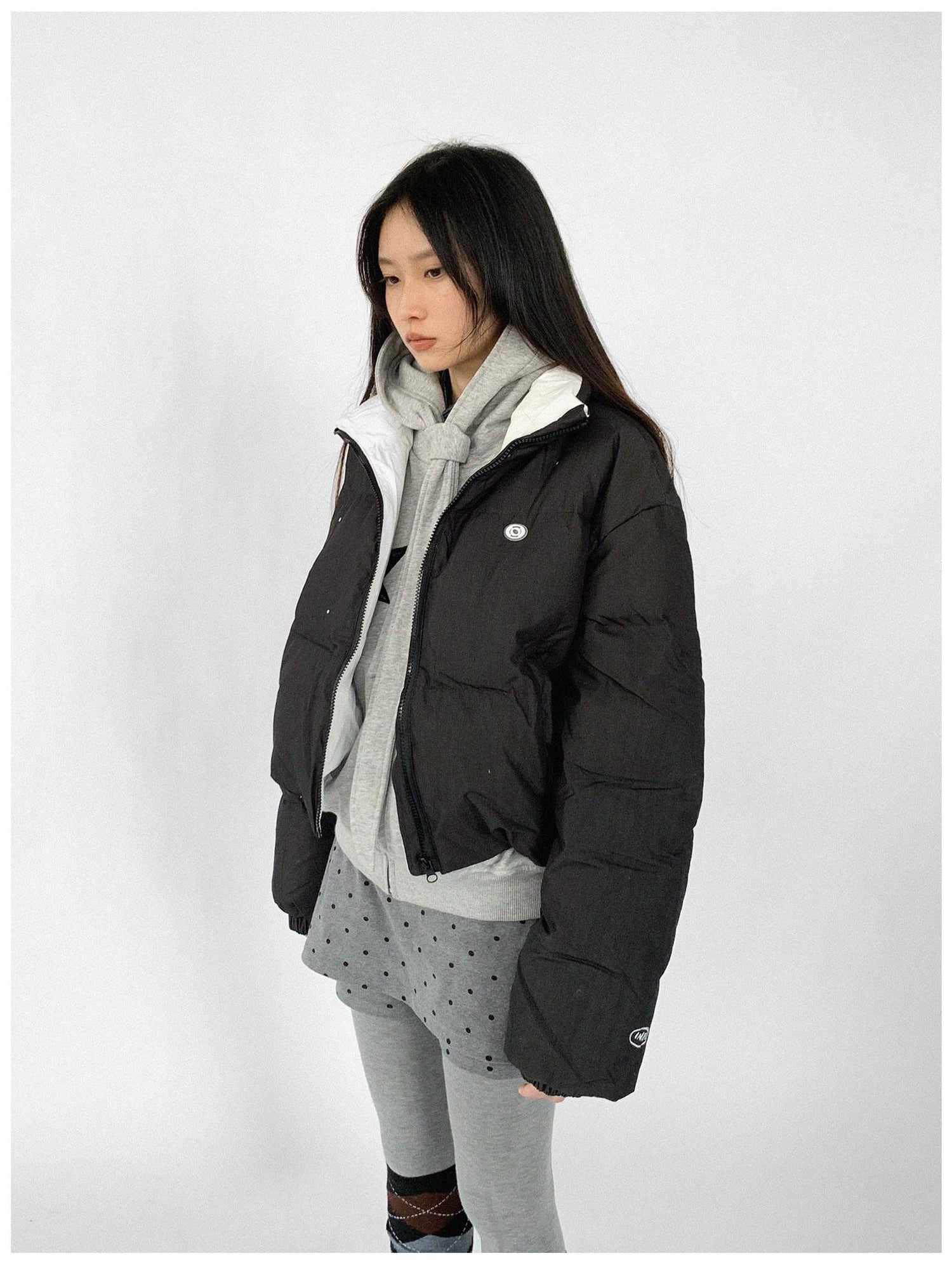 innomoood Hand Drawn Chalk Style Contrast Trim Stand Collar Short Down Jacket