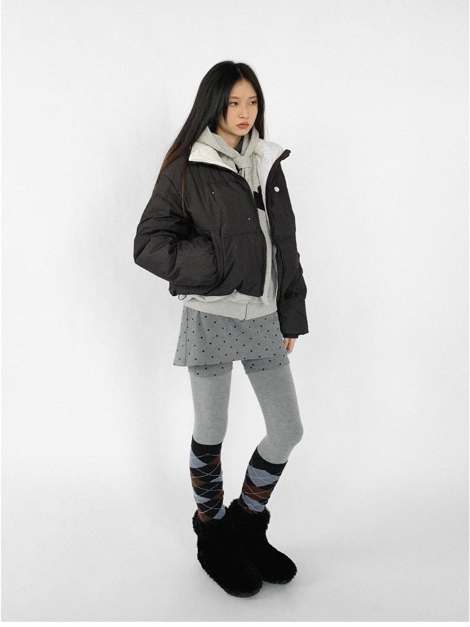innomoood Hand Drawn Chalk Style Contrast Trim Stand Collar Short Down Jacket