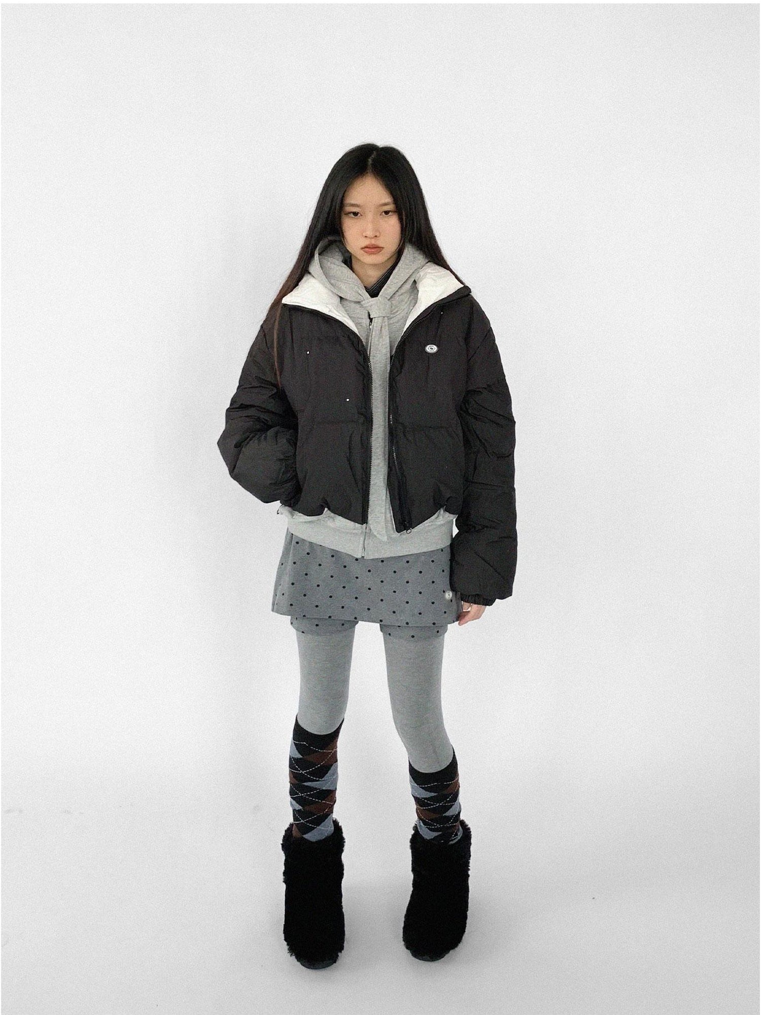 innomoood Hand Drawn Chalk Style Contrast Trim Stand Collar Short Down Jacket