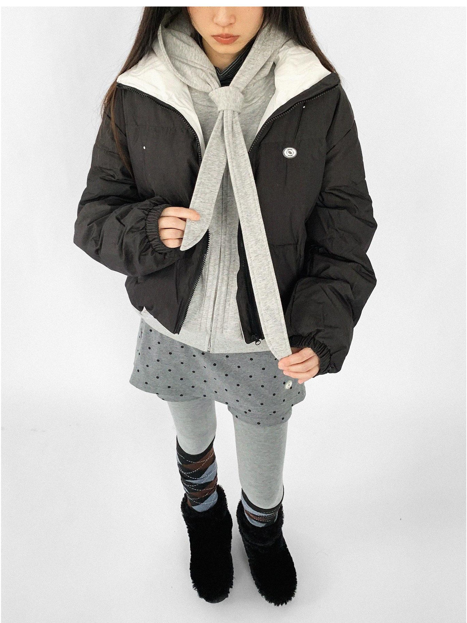 innomoood Hand Drawn Chalk Style Contrast Trim Stand Collar Short Down Jacket